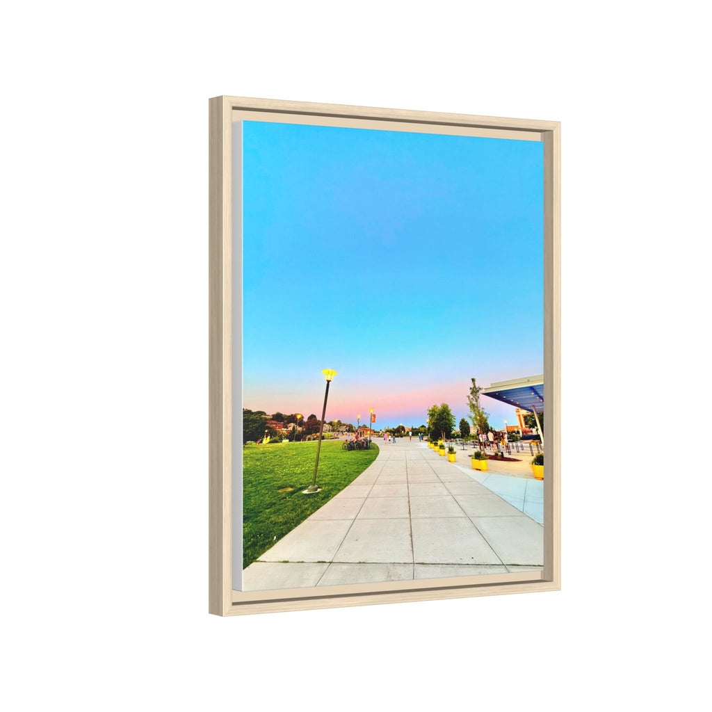 Sunset Promenade Matte Framed Canvas — Pastel Sky Walkway Wall Art