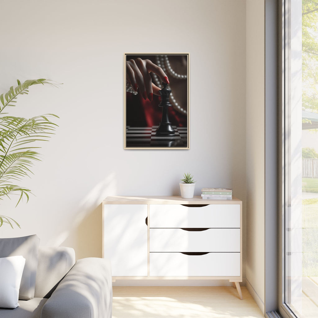 Framed Matte Canvas Art — Femme Hand & Chess King (Pearls, Noir Glam)