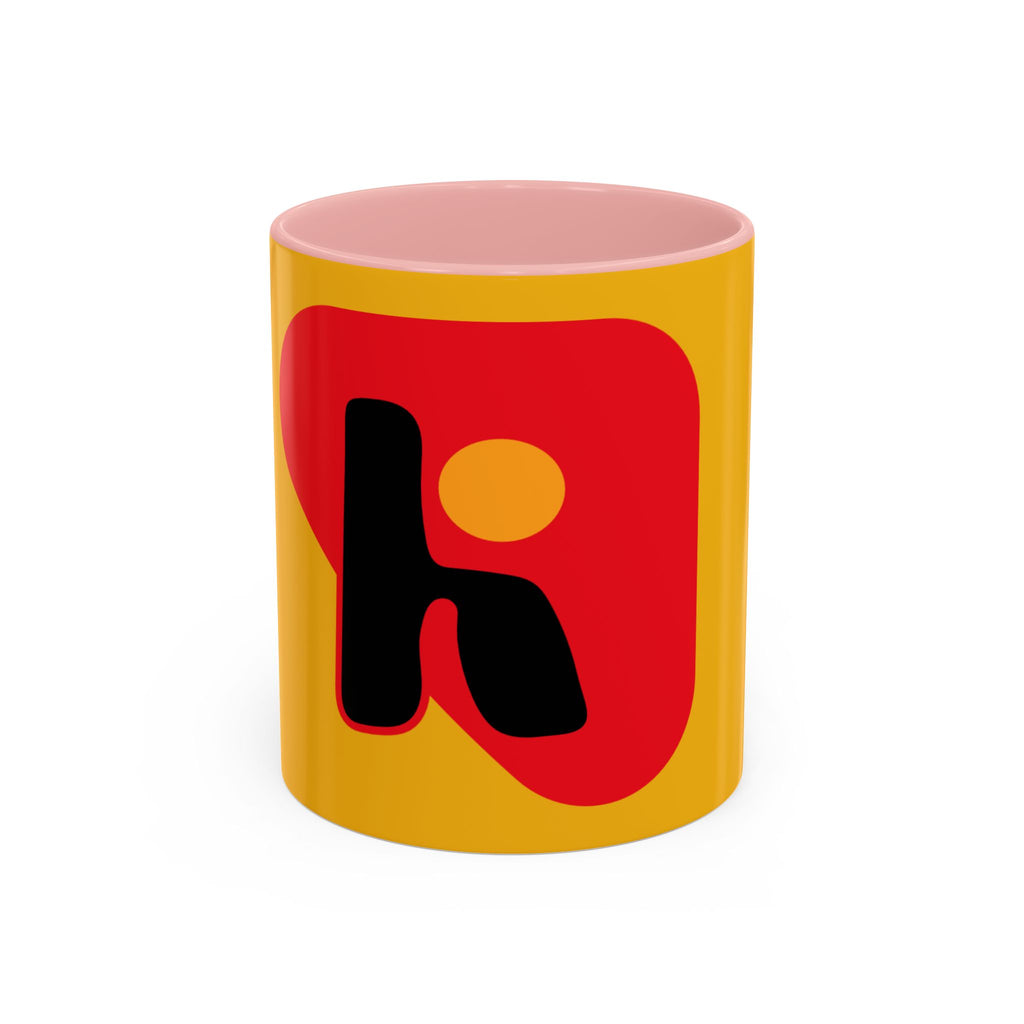 Retro Bold 'k' Accent Coffee Mug — Yellow & Red Graphic Ceramic