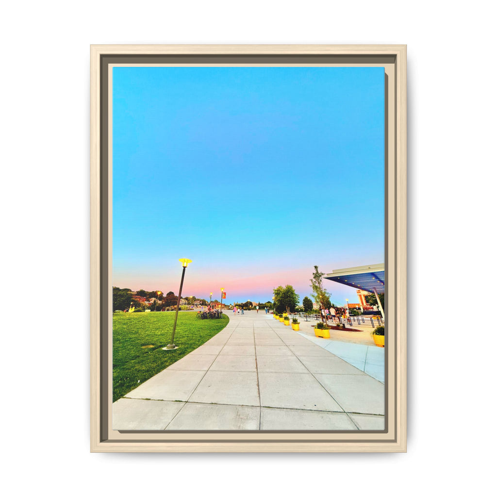 Sunset Promenade Matte Framed Canvas — Pastel Sky Walkway Wall Art