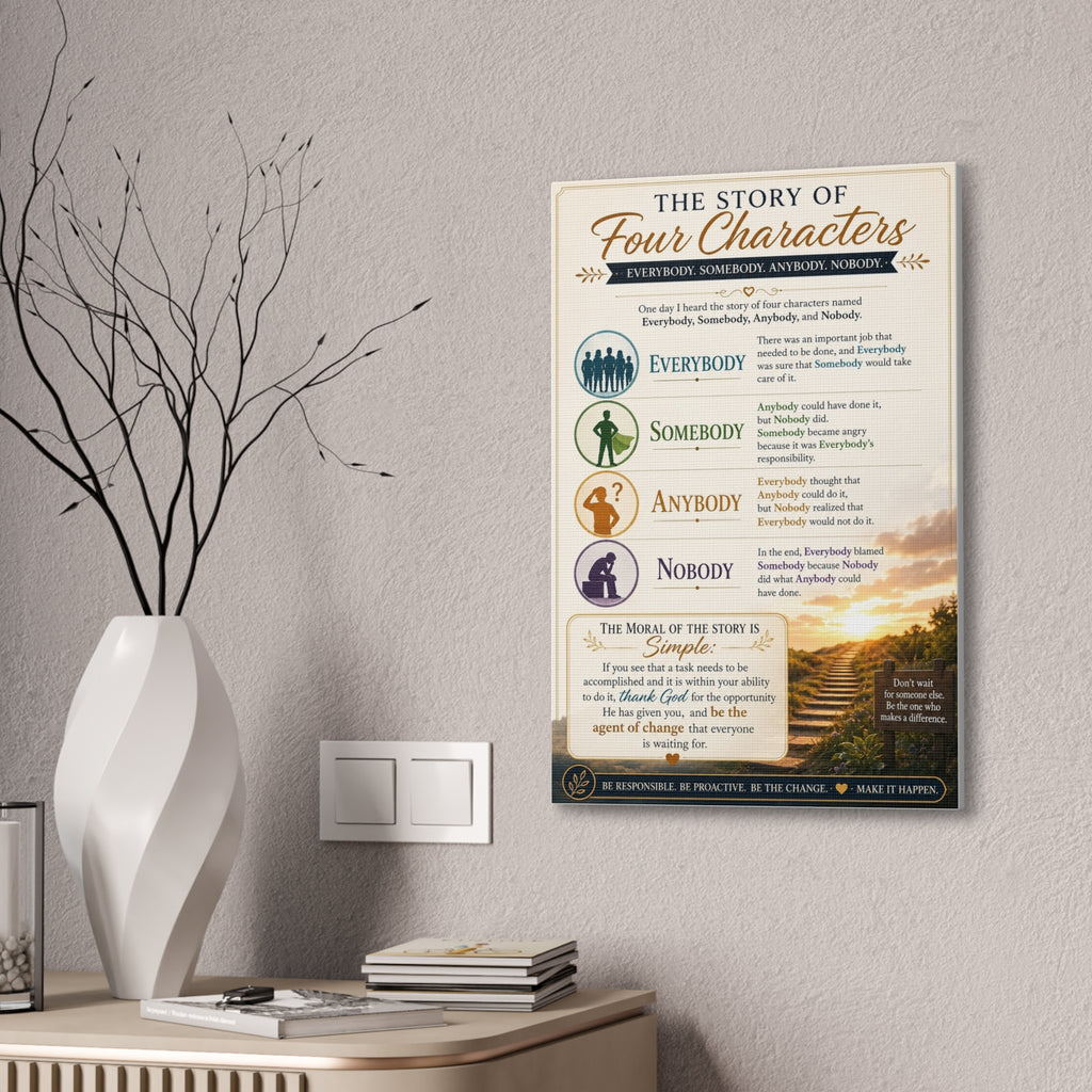 The Story of Four Characters Canvas Wall Art — Inspirational Everybody Somebody Anybody Nobody Print