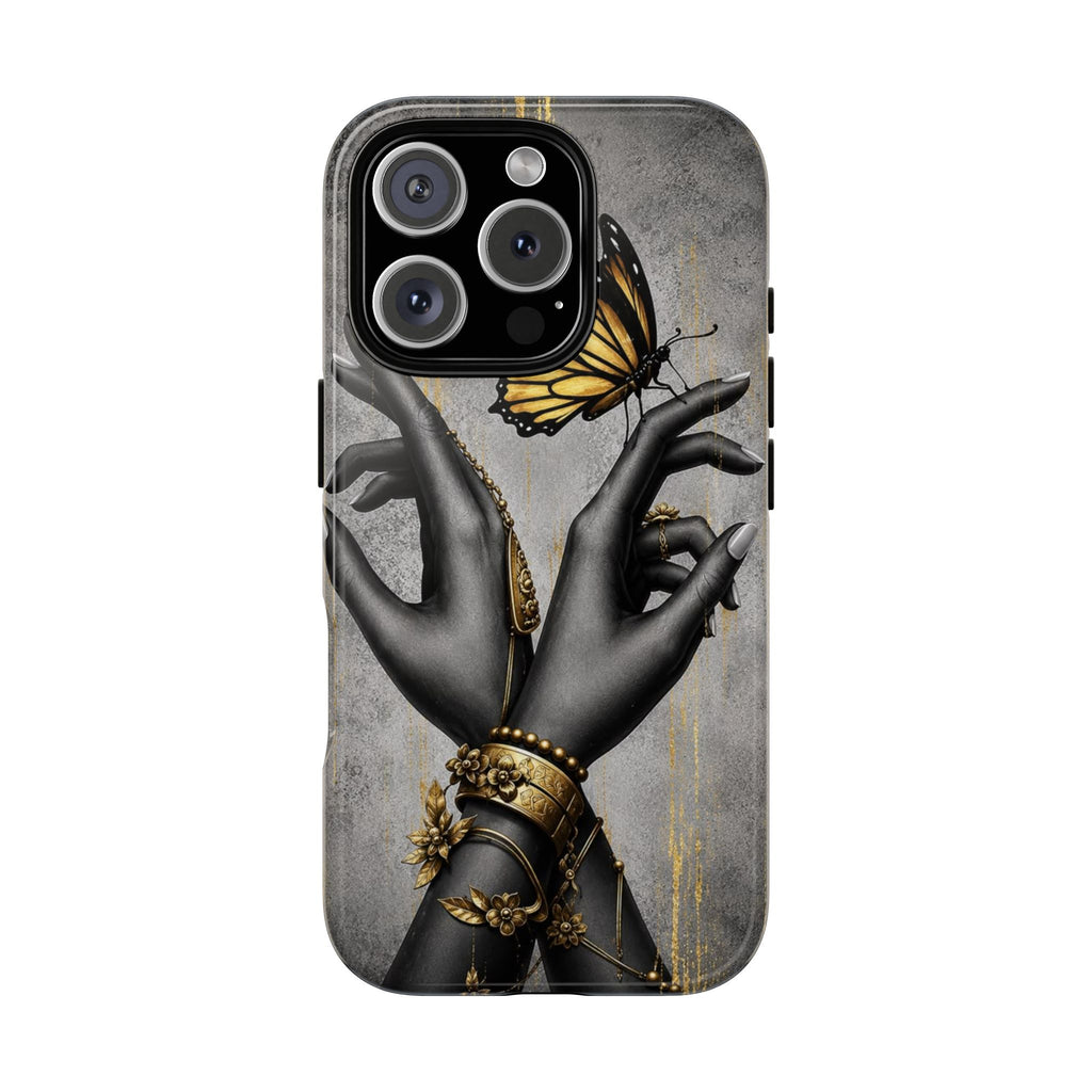Artistic Black Hands & Golden Butterfly Phone Case – Protective Tough Case