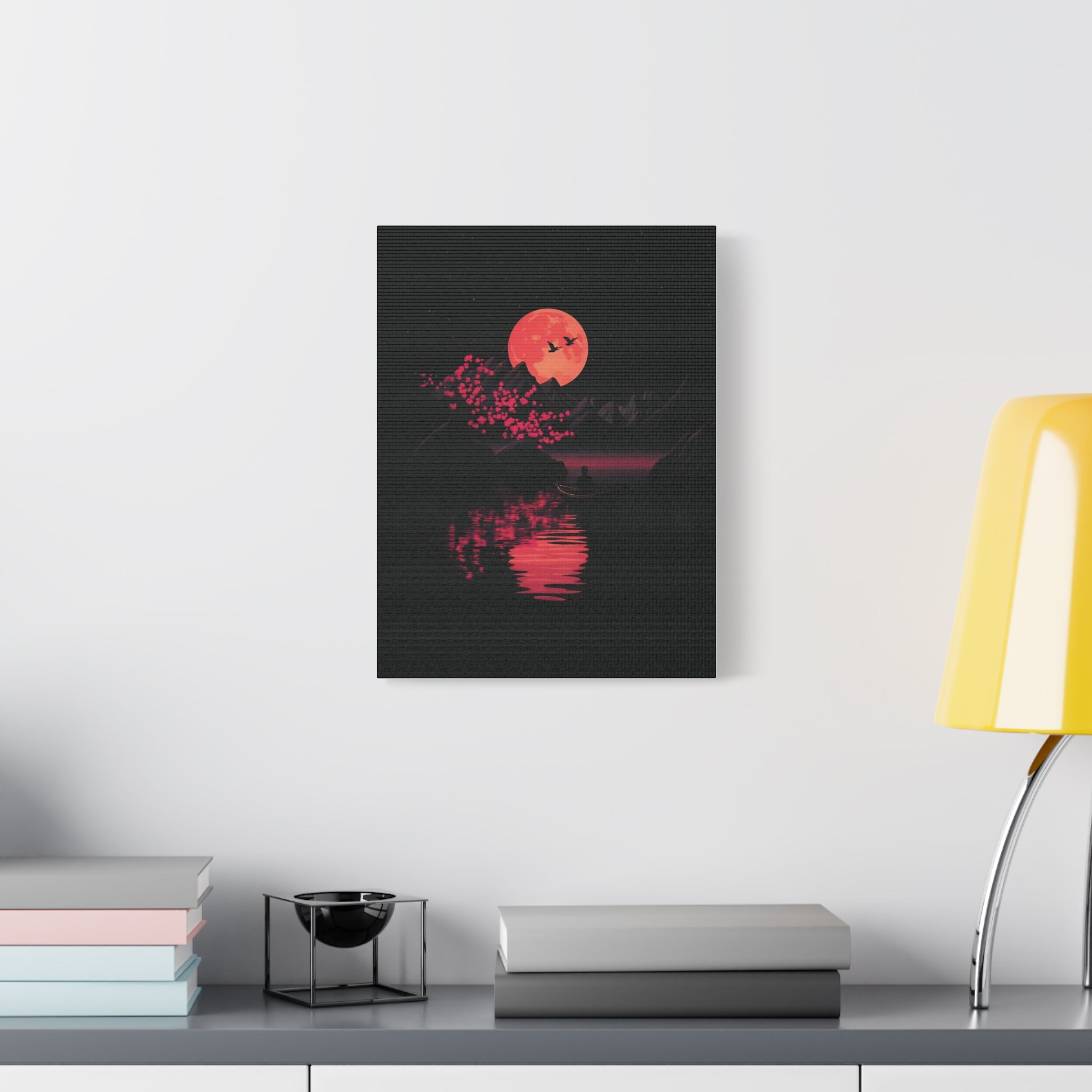 Moonlit Sakura Canvas Wall Art — Red Moon Reflection Matte Stretched Print