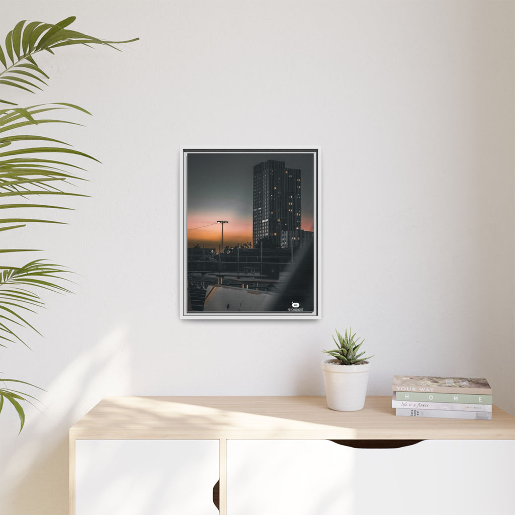 Framed Matte Canvas Print — Urban Sunset High-Rise Photography