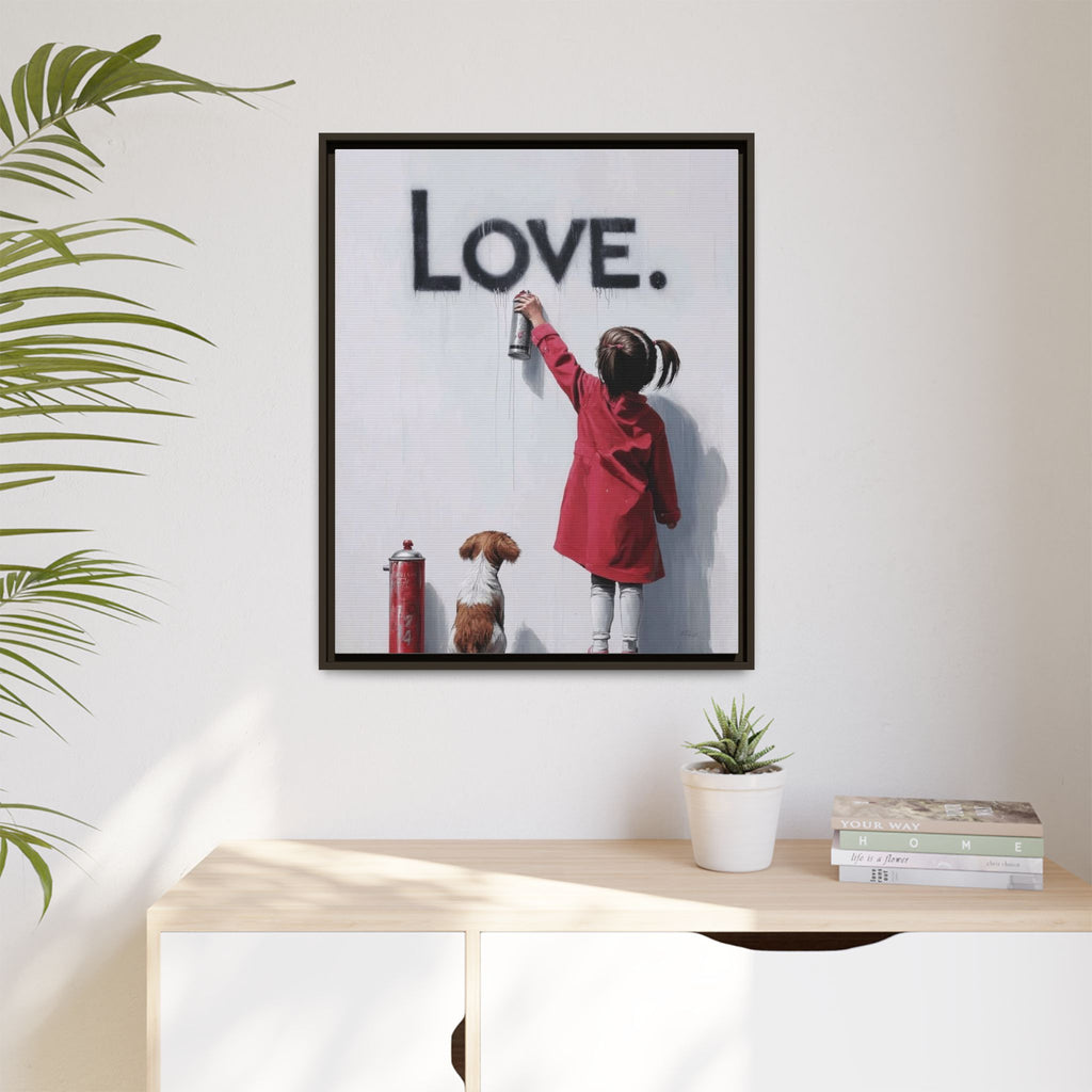 'LOVE.' Girl Spray-Painting with Dog- Framed Canvas Art