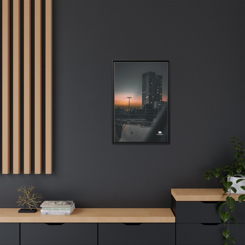 Framed Matte Canvas Print — Urban Sunset High-Rise Photography