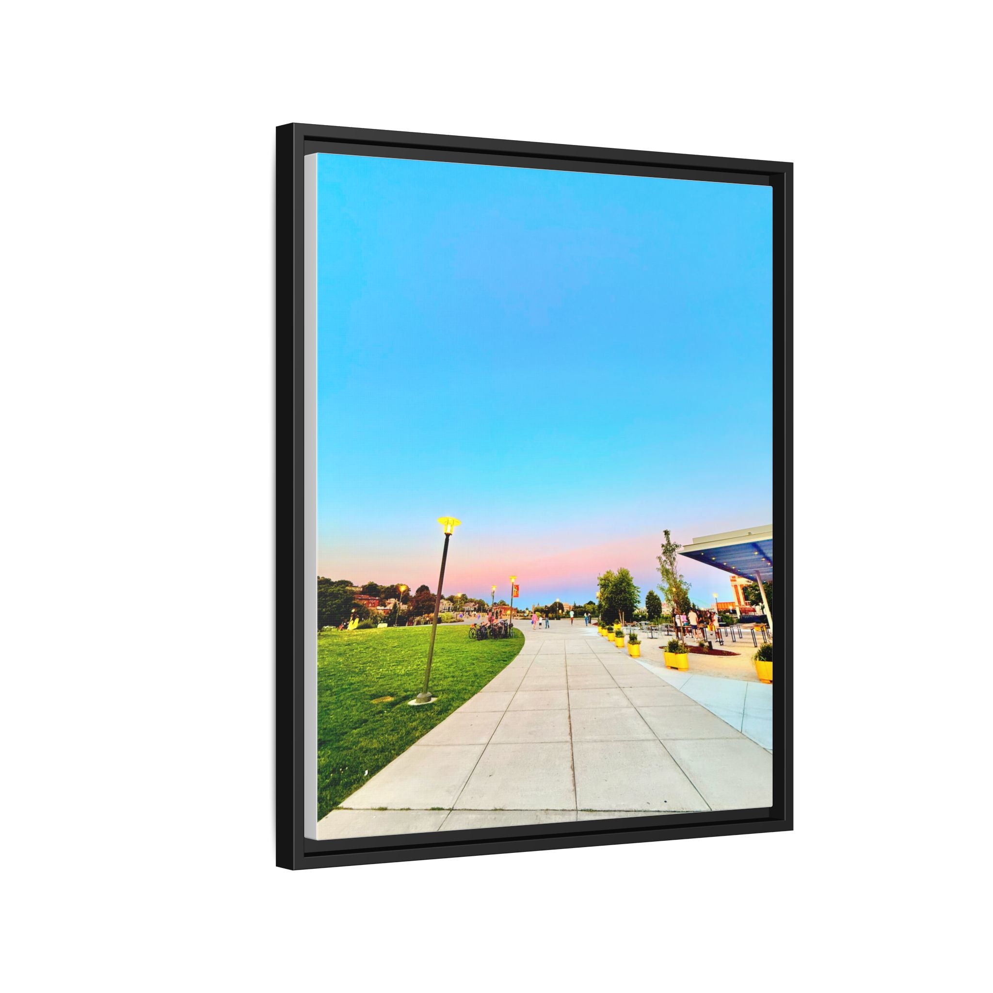 Sunset Promenade Matte Framed Canvas — Pastel Sky Walkway Wall Art
