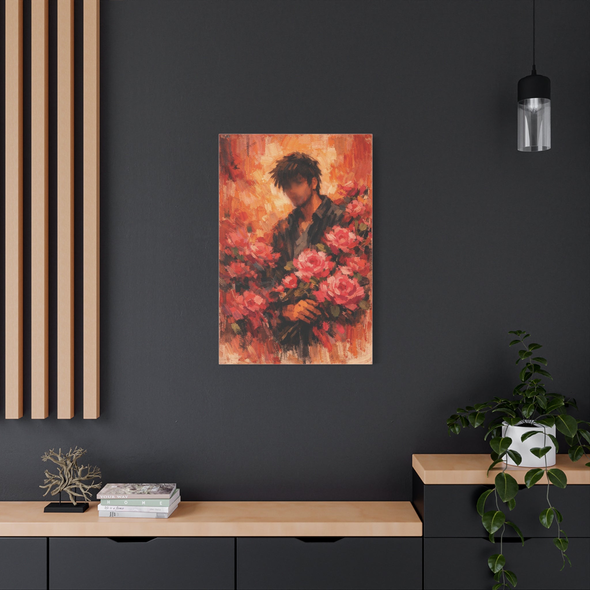 Man with Roses Painting Matte Canvas | Stretched Wall Art