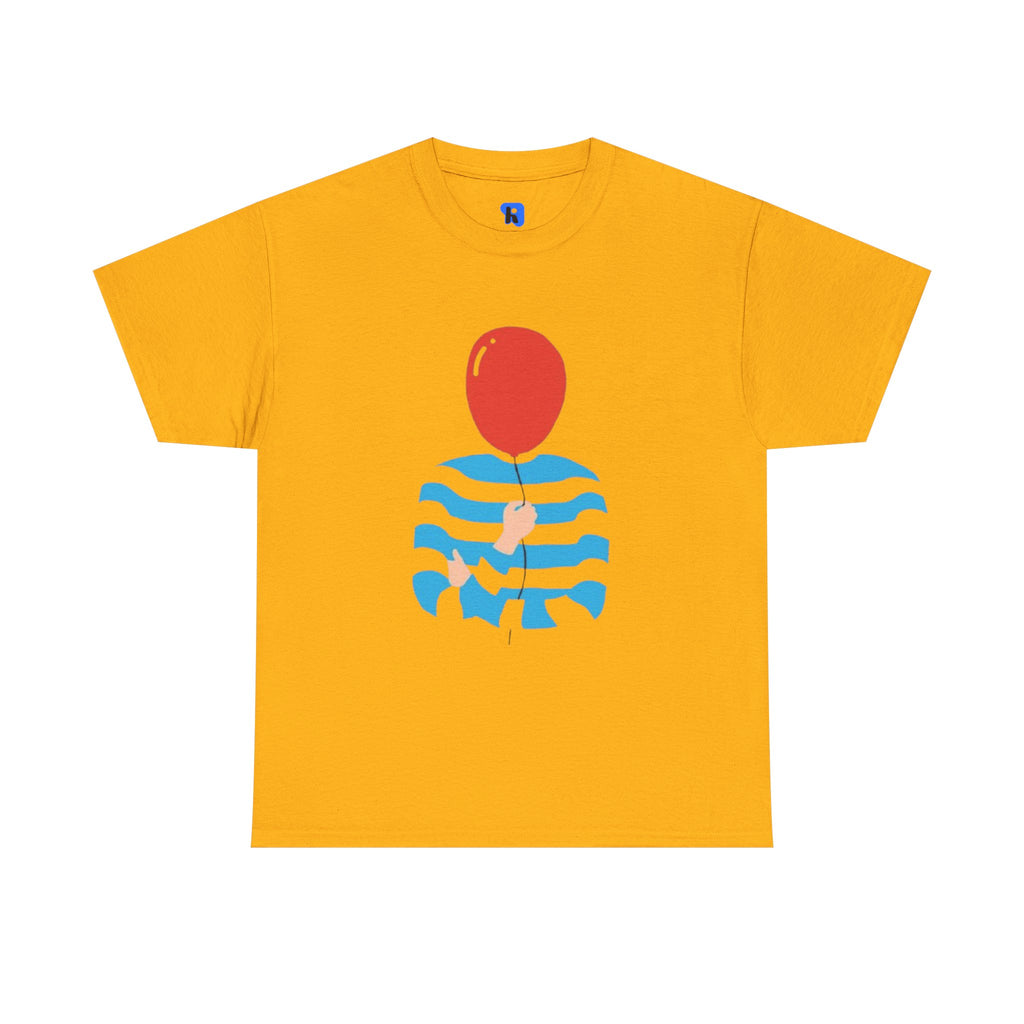 Striped Sweater Balloon Tee — Minimalist Red Balloon Graphic T-Shirt