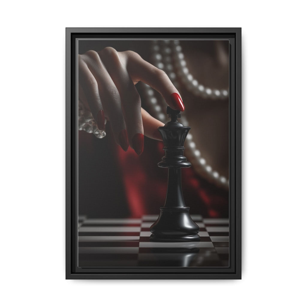 Framed Matte Canvas Art — Femme Hand & Chess King (Pearls, Noir Glam)