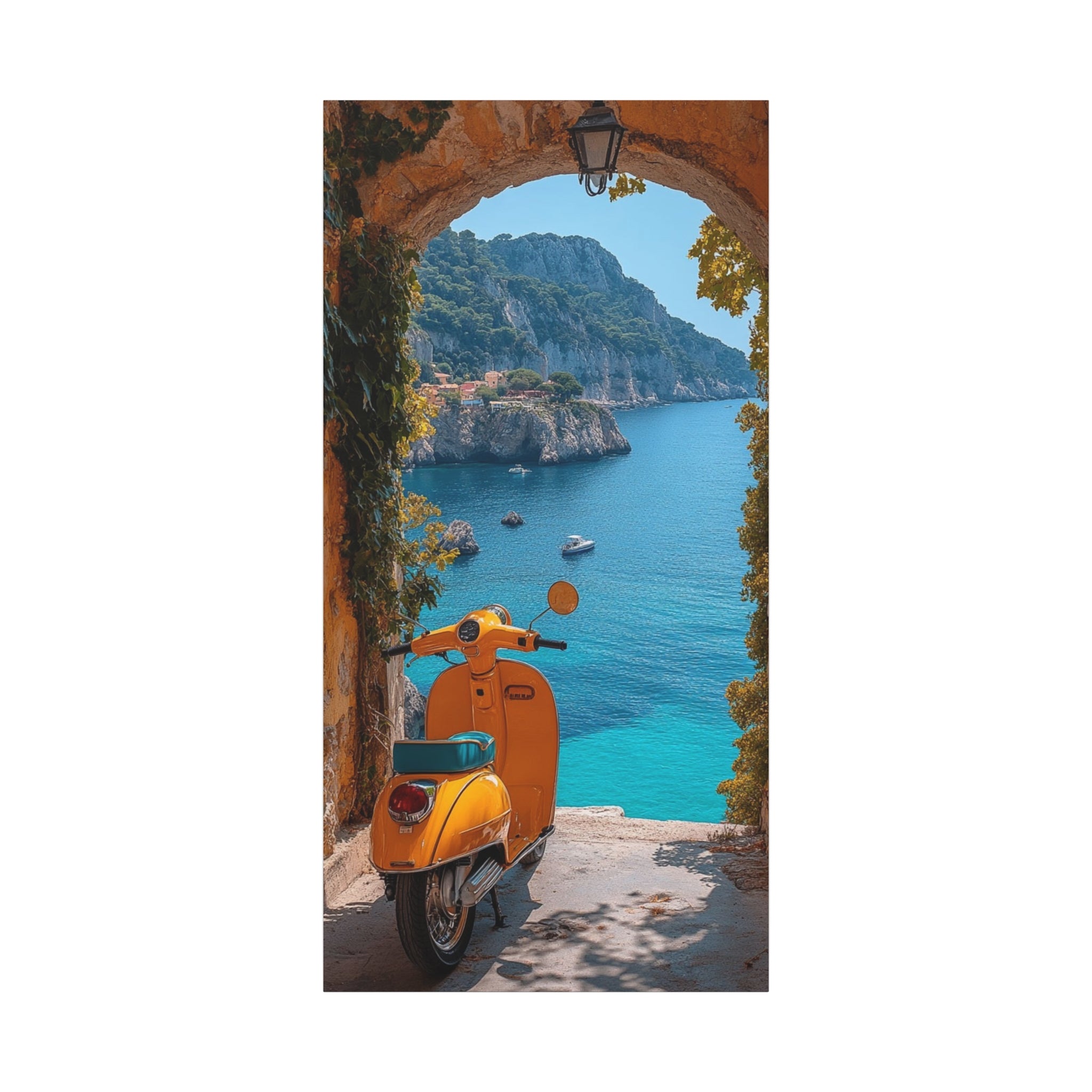 Mediterranean Scooter Canvas Print – Sunny Coastal Archway Wall Art