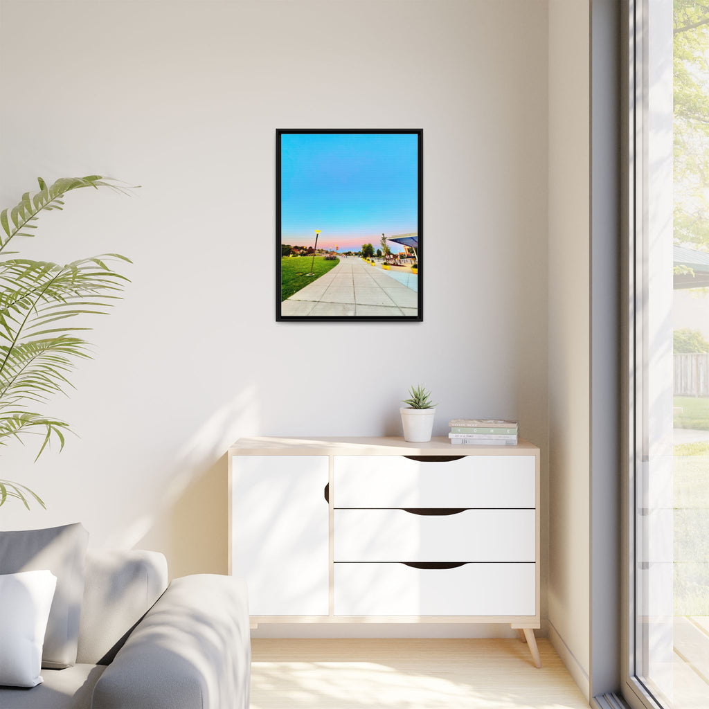 Sunset Promenade Matte Framed Canvas — Pastel Sky Walkway Wall Art
