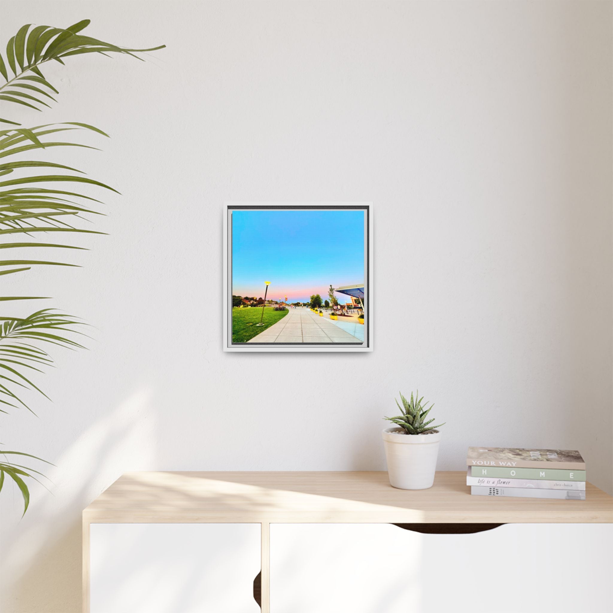 Sunset Promenade Matte Framed Canvas — Pastel Sky Walkway Wall Art
