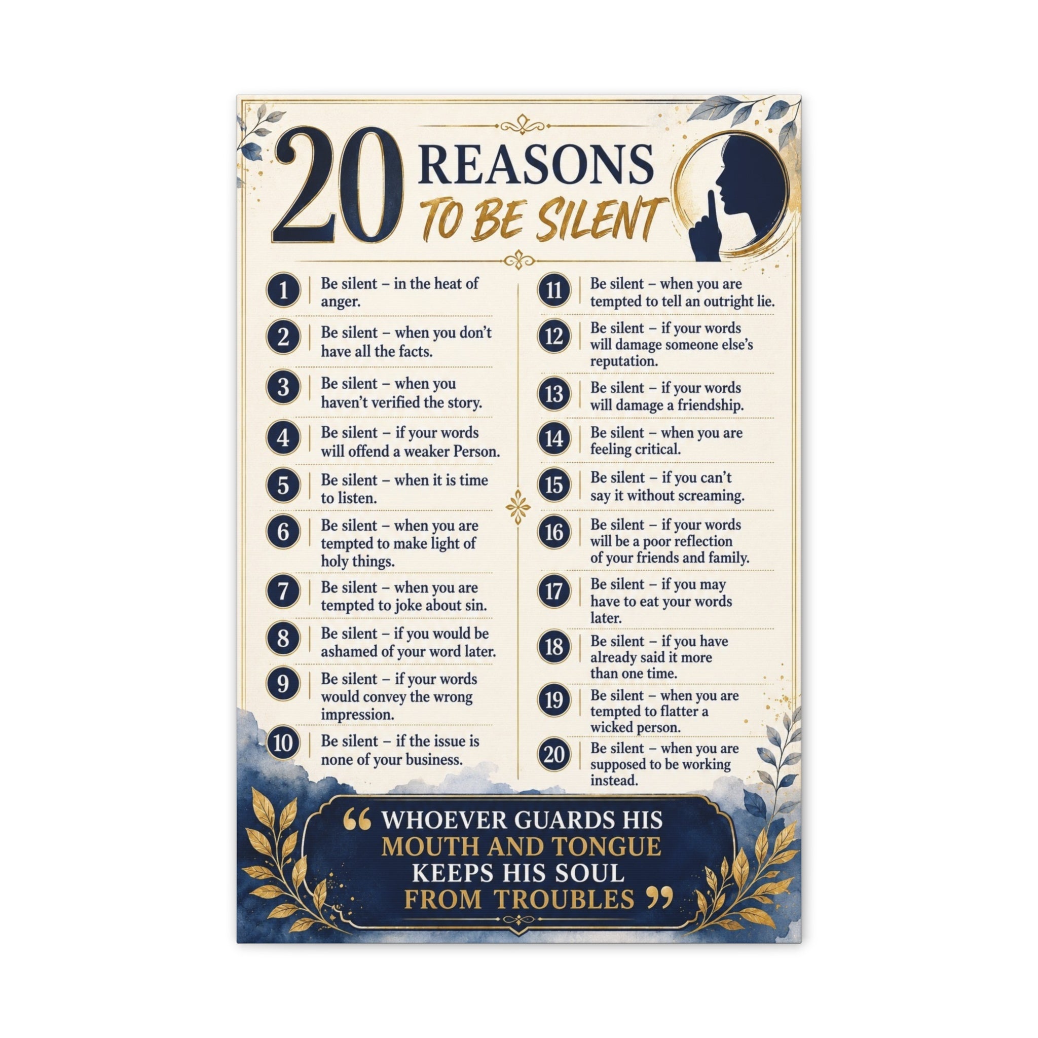 20 Reasons to Be Silent Canvas Wall Art — Inspirational Faith Quote Print