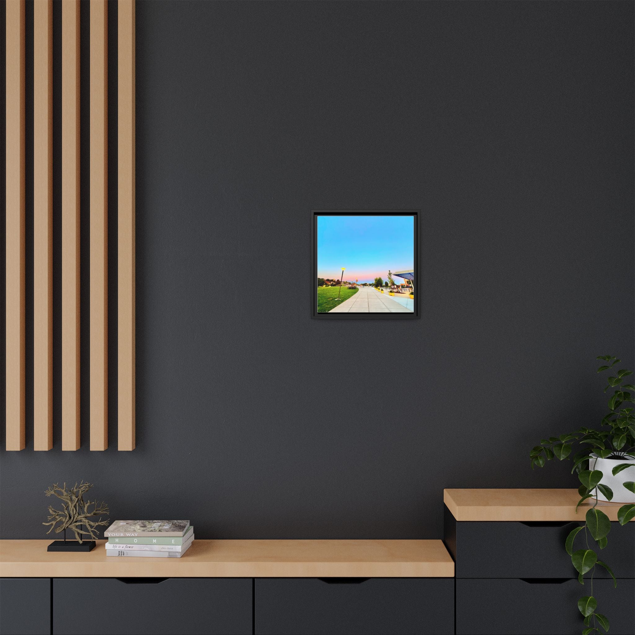 Sunset Promenade Matte Framed Canvas — Pastel Sky Walkway Wall Art