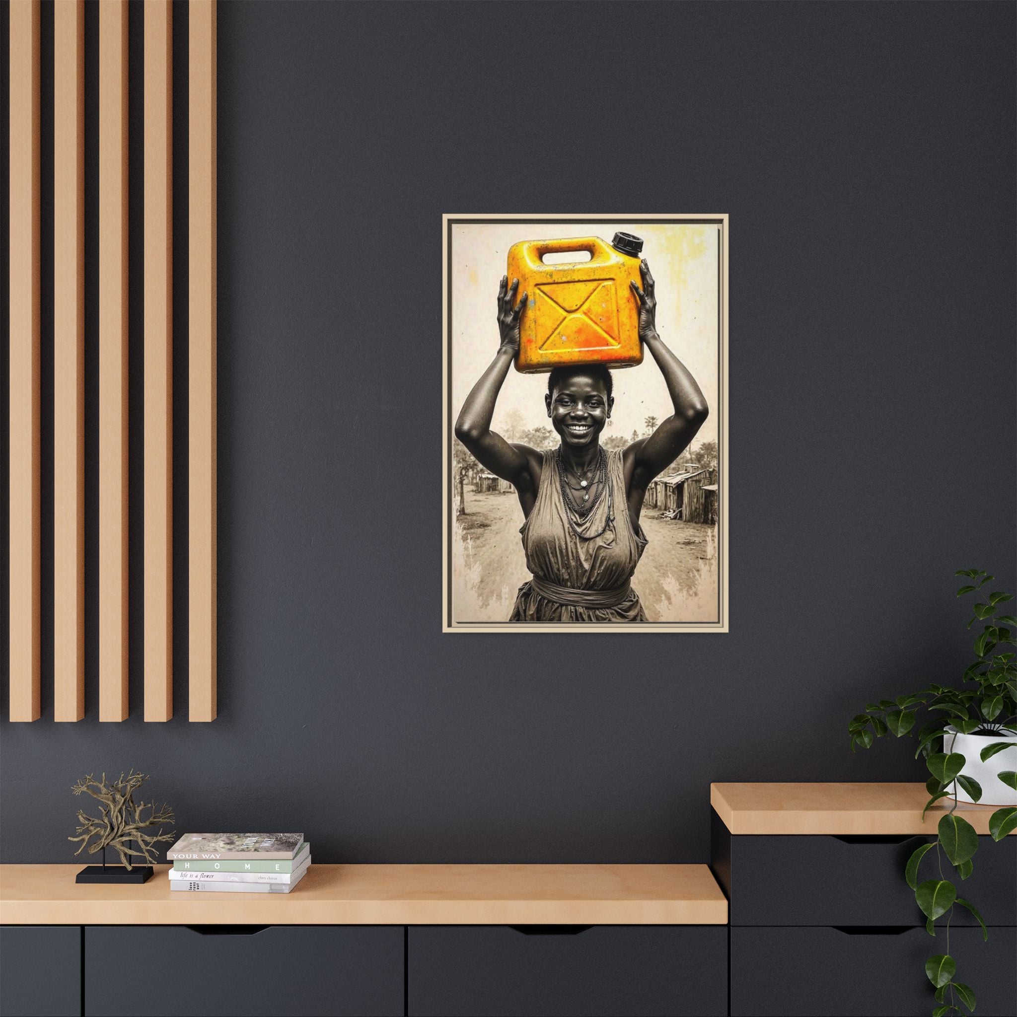 Framed Canvas Art - Joyful Woman Carrying Yellow Water Jerrycan