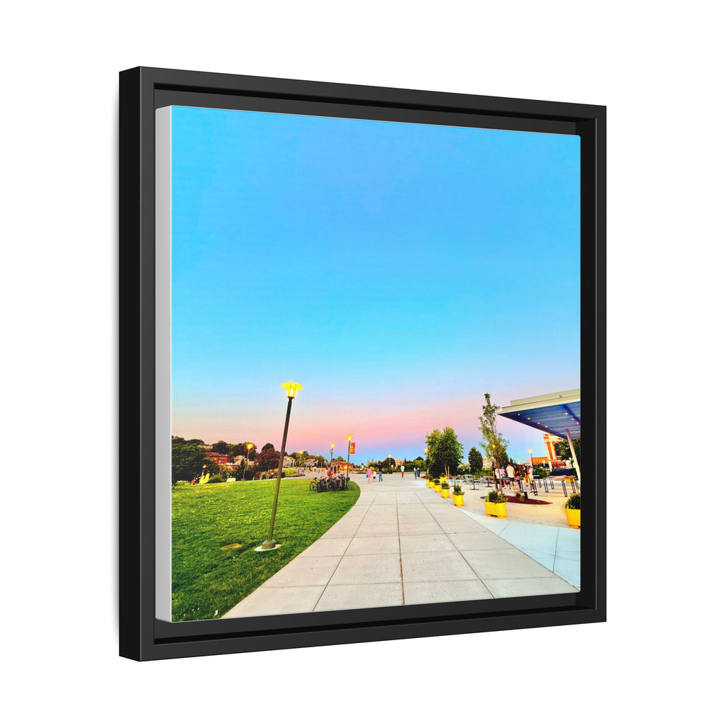 Sunset Promenade Matte Framed Canvas — Pastel Sky Walkway Wall Art
