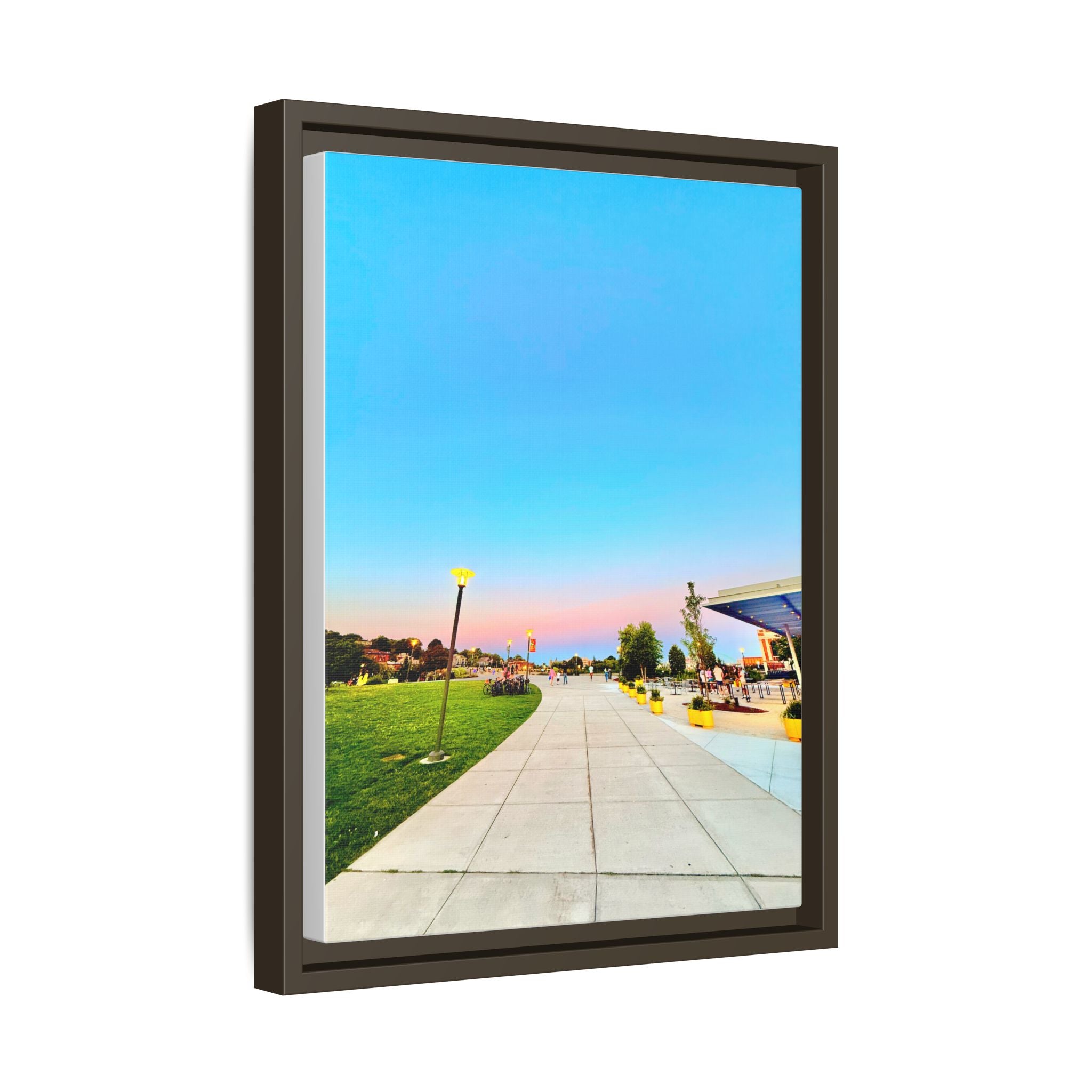 Sunset Promenade Matte Framed Canvas — Pastel Sky Walkway Wall Art