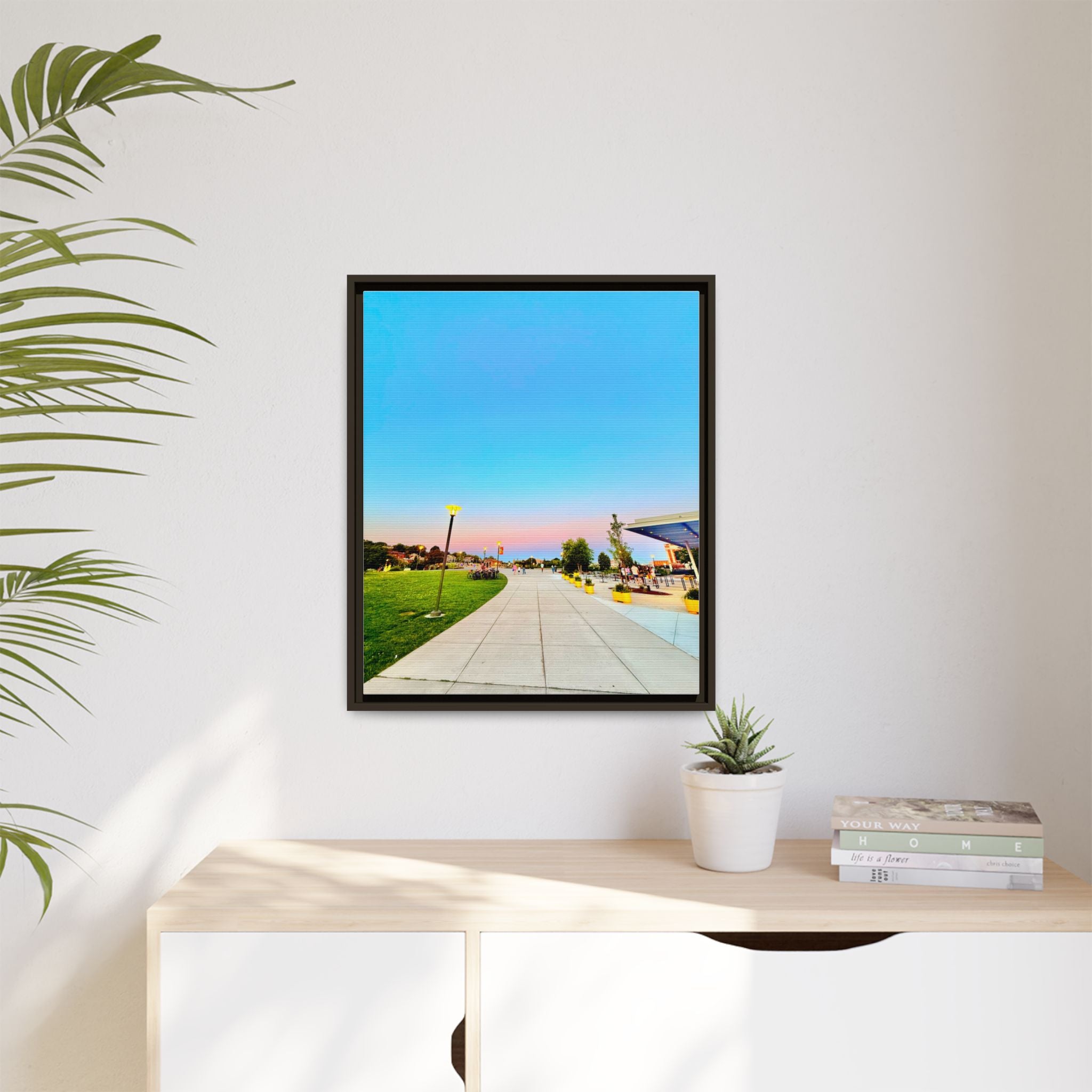 Sunset Promenade Matte Framed Canvas — Pastel Sky Walkway Wall Art