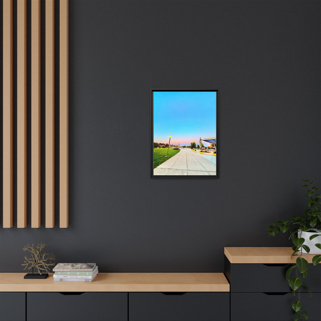 Sunset Promenade Matte Framed Canvas — Pastel Sky Walkway Wall Art