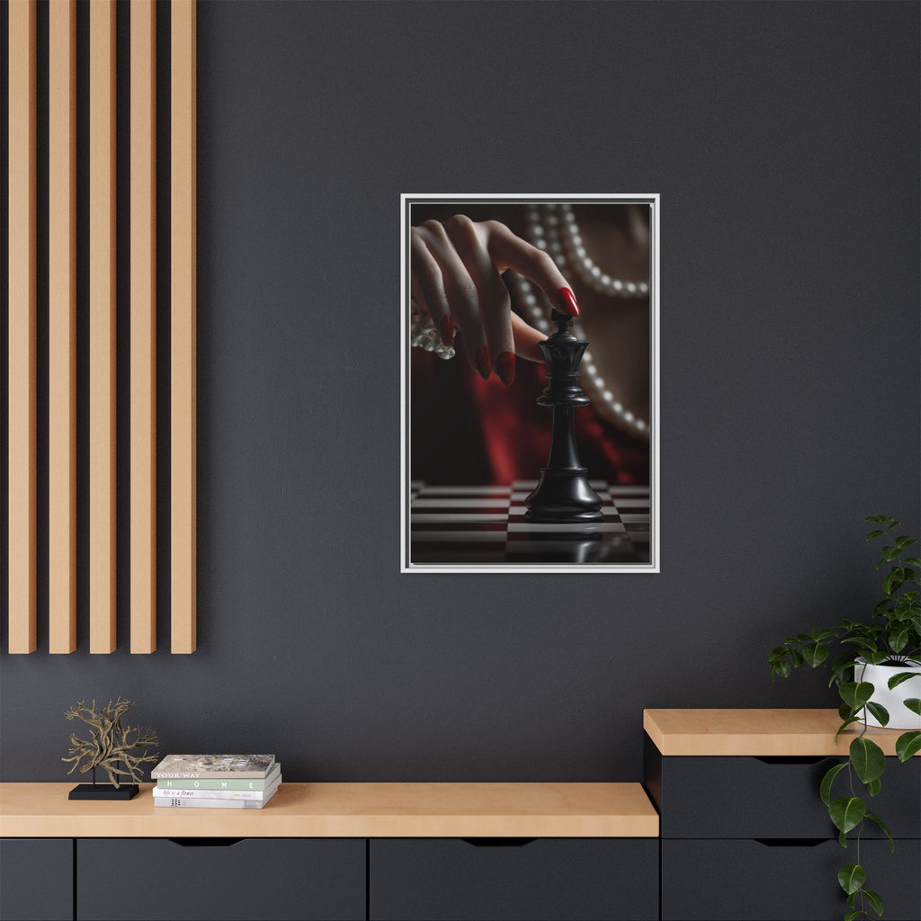 Framed Matte Canvas Art — Femme Hand & Chess King (Pearls, Noir Glam)