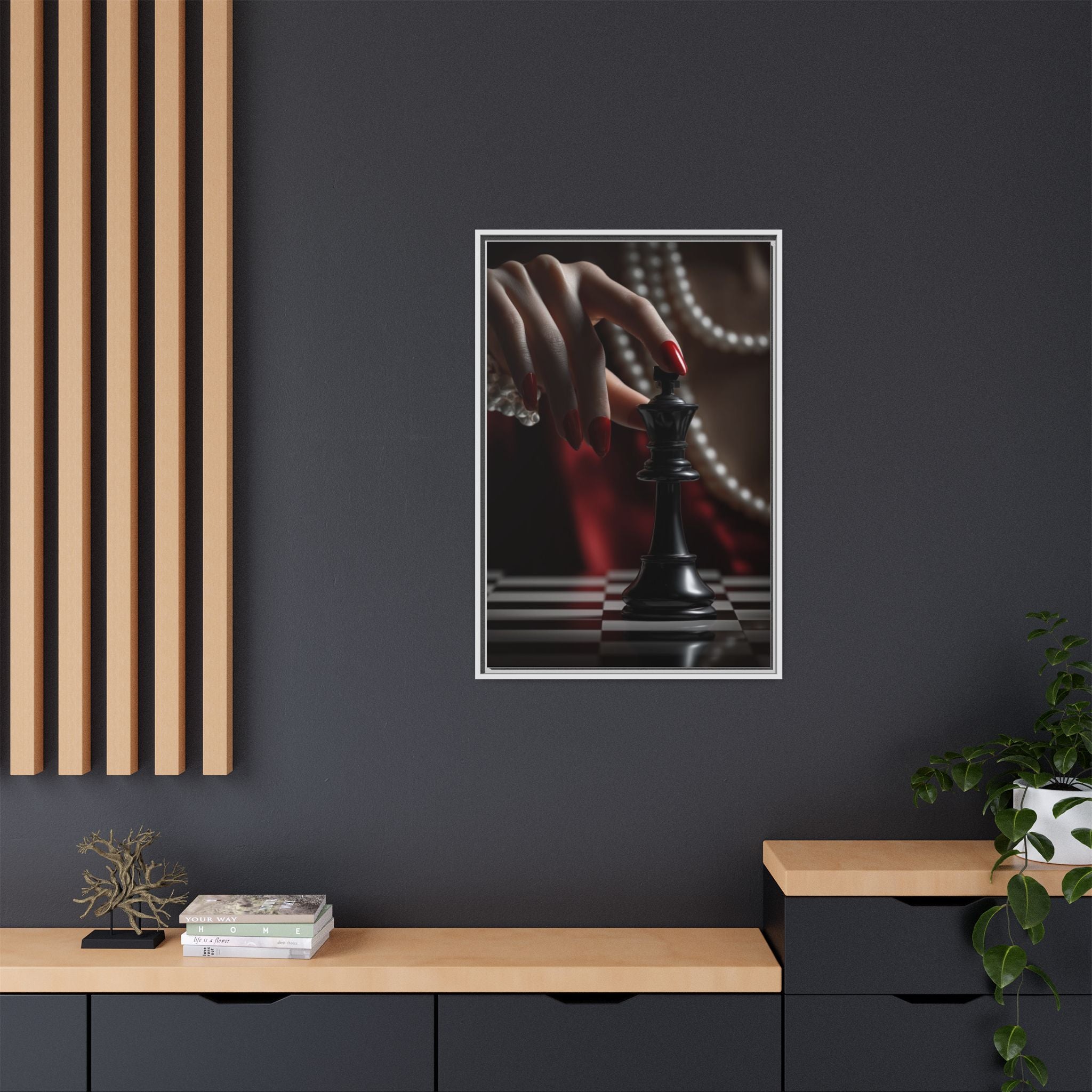 Framed Matte Canvas Art — Femme Hand & Chess King (Pearls, Noir Glam)