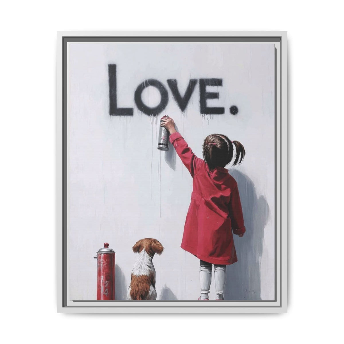 'LOVE.' Girl Spray-Painting with Dog- Framed Canvas Art