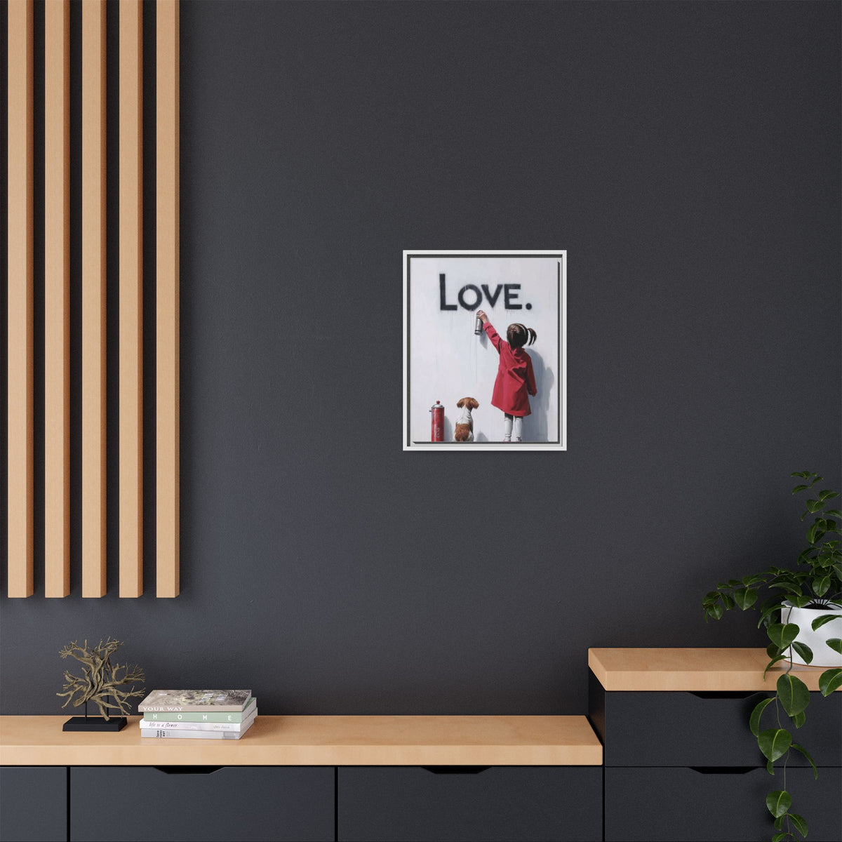 'LOVE.' Girl Spray-Painting with Dog- Framed Canvas Art