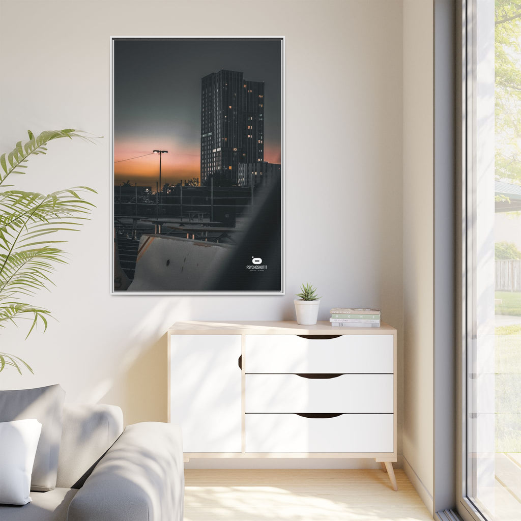 Framed Matte Canvas Print — Urban Sunset High-Rise Photography