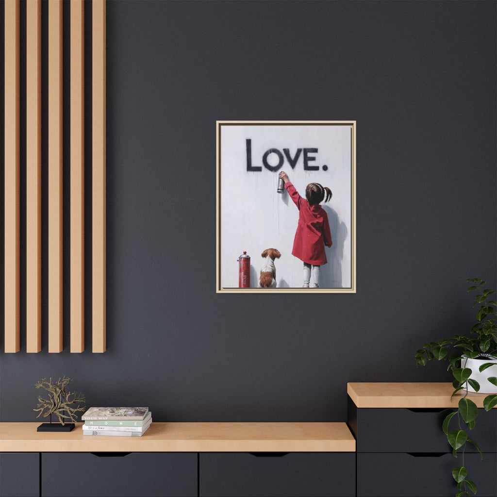 'LOVE.' Girl Spray-Painting with Dog- Framed Canvas Art