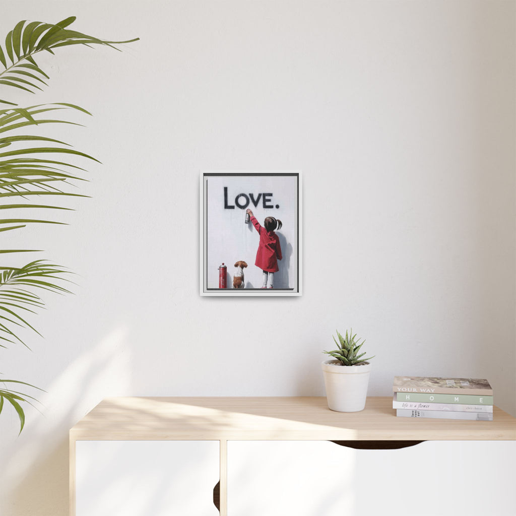 'LOVE.' Girl Spray-Painting with Dog- Framed Canvas Art