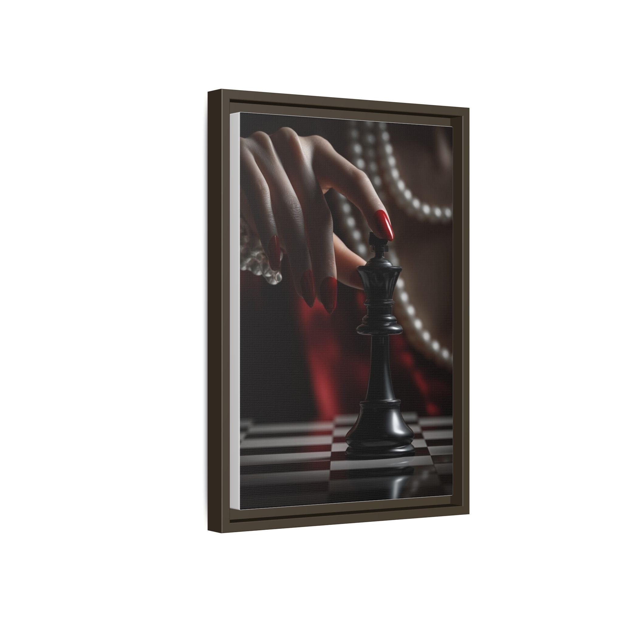Framed Matte Canvas Art — Femme Hand & Chess King (Pearls, Noir Glam)