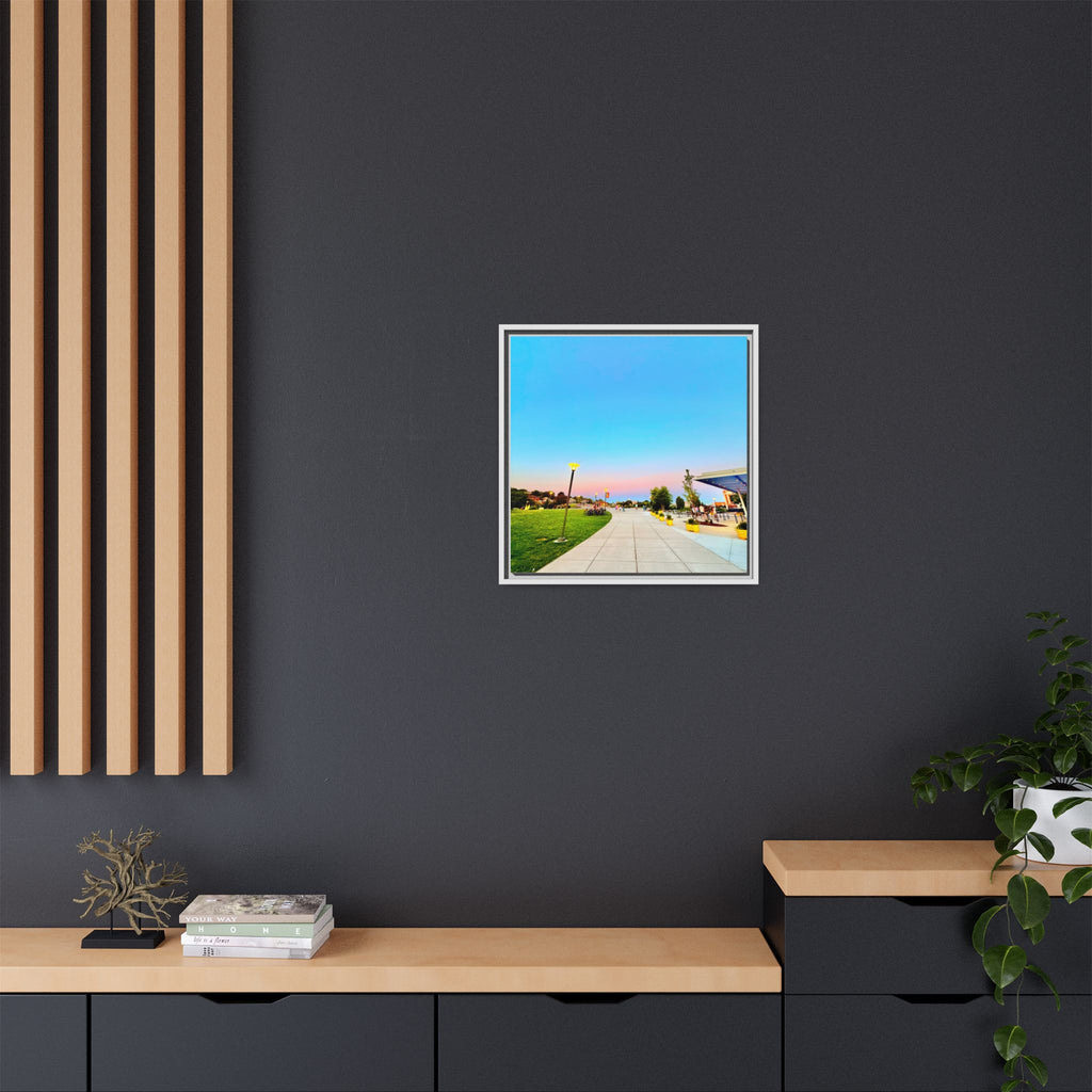 Sunset Promenade Matte Framed Canvas — Pastel Sky Walkway Wall Art