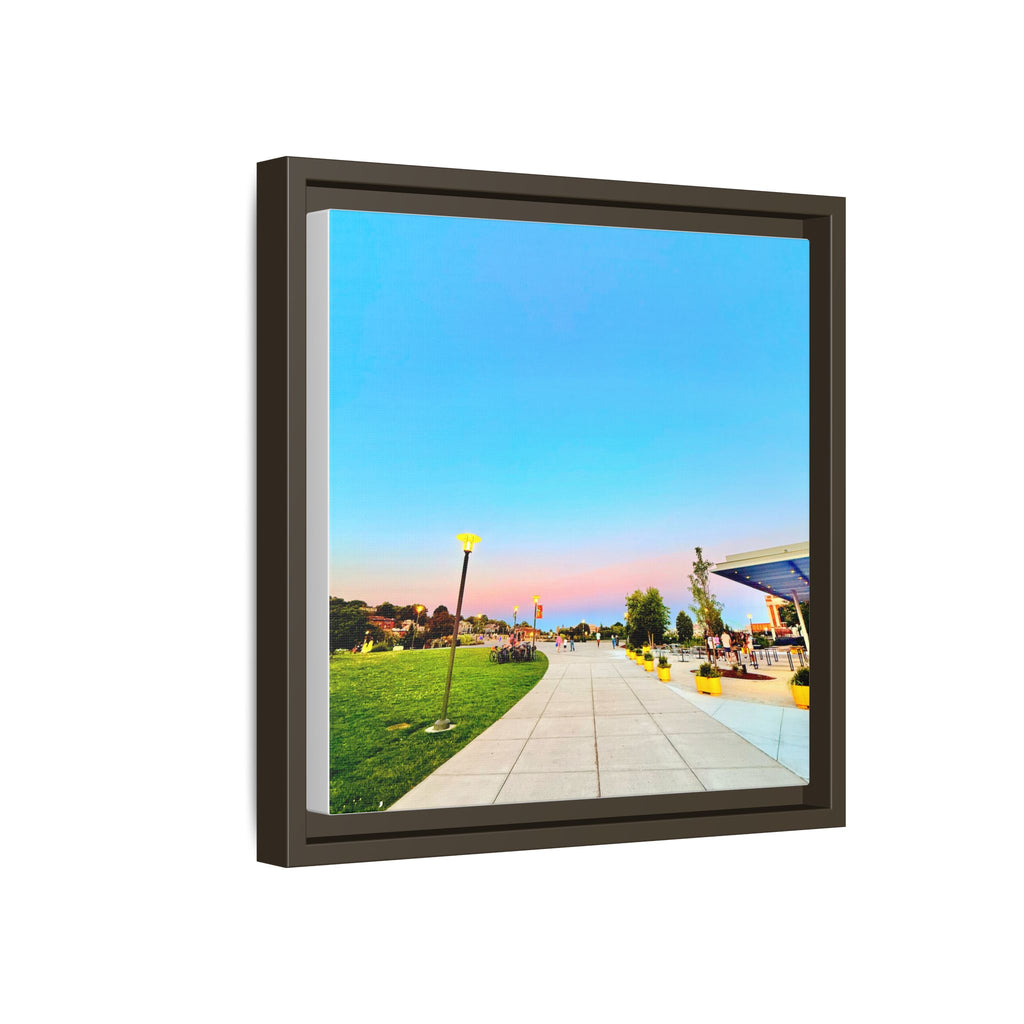 Sunset Promenade Matte Framed Canvas — Pastel Sky Walkway Wall Art
