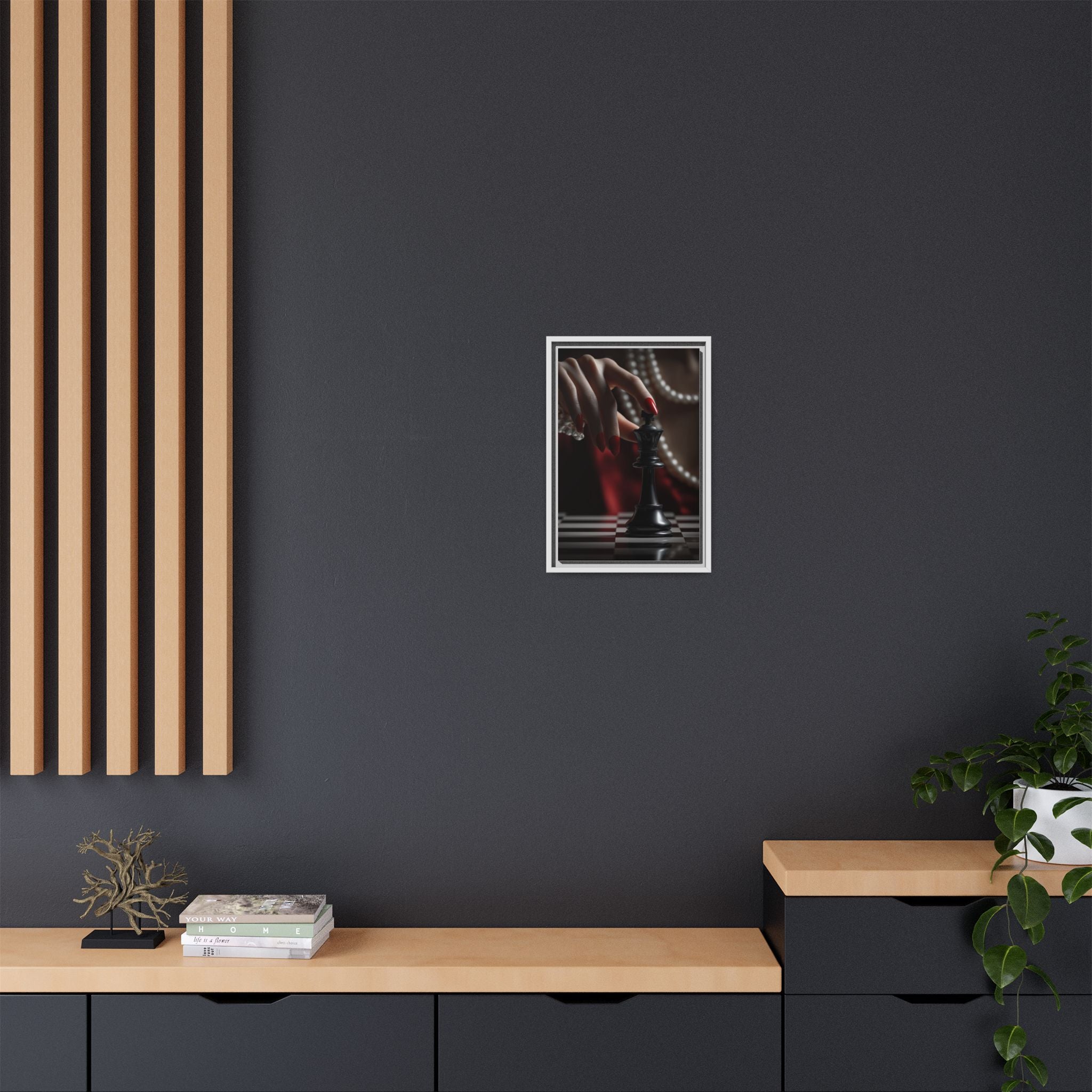 Framed Matte Canvas Art — Femme Hand & Chess King (Pearls, Noir Glam)