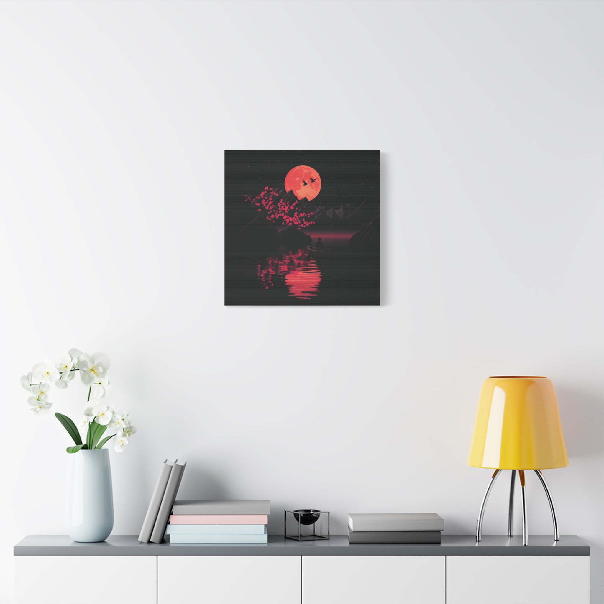 Moonlit Sakura Canvas Wall Art — Red Moon Reflection Matte Stretched Print