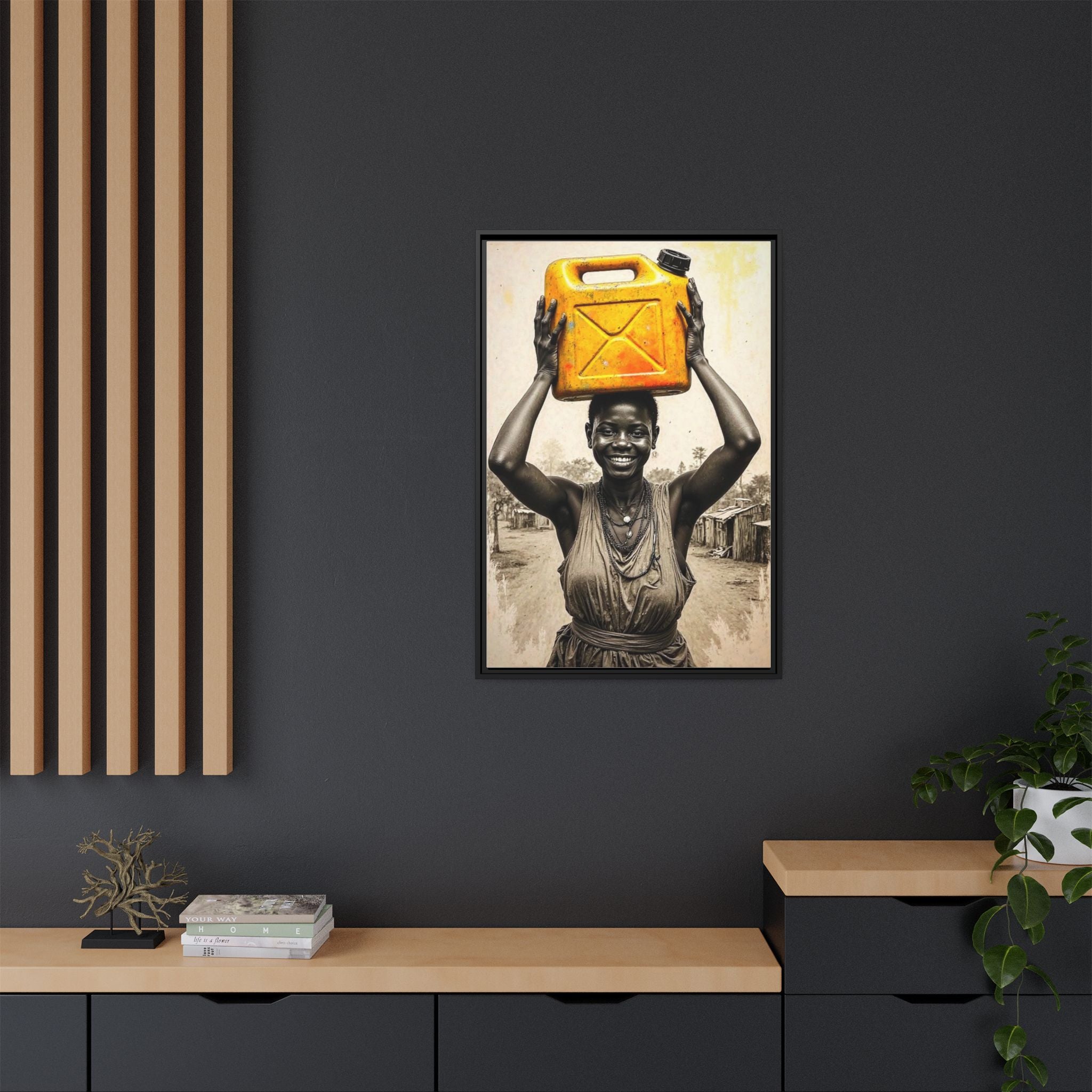 Framed Canvas Art - Joyful Woman Carrying Yellow Water Jerrycan