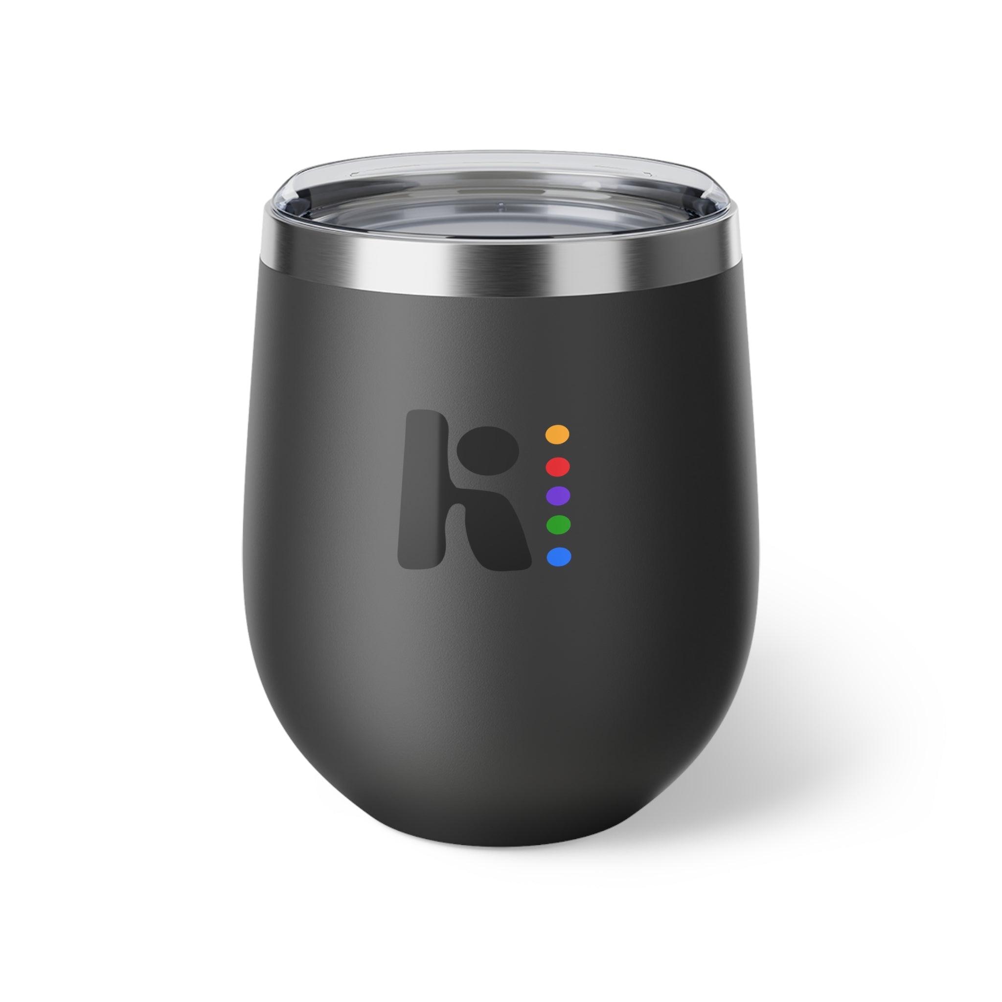 Insulated Wine Tumbler — Matte Black Copper Vacuum 12oz with Rainbow Dot Logo