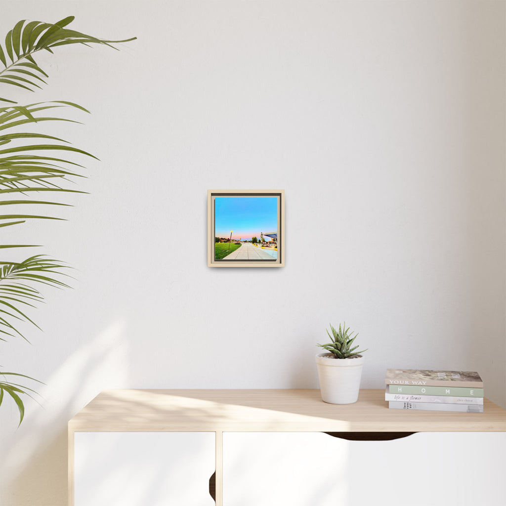 Sunset Promenade Matte Framed Canvas — Pastel Sky Walkway Wall Art