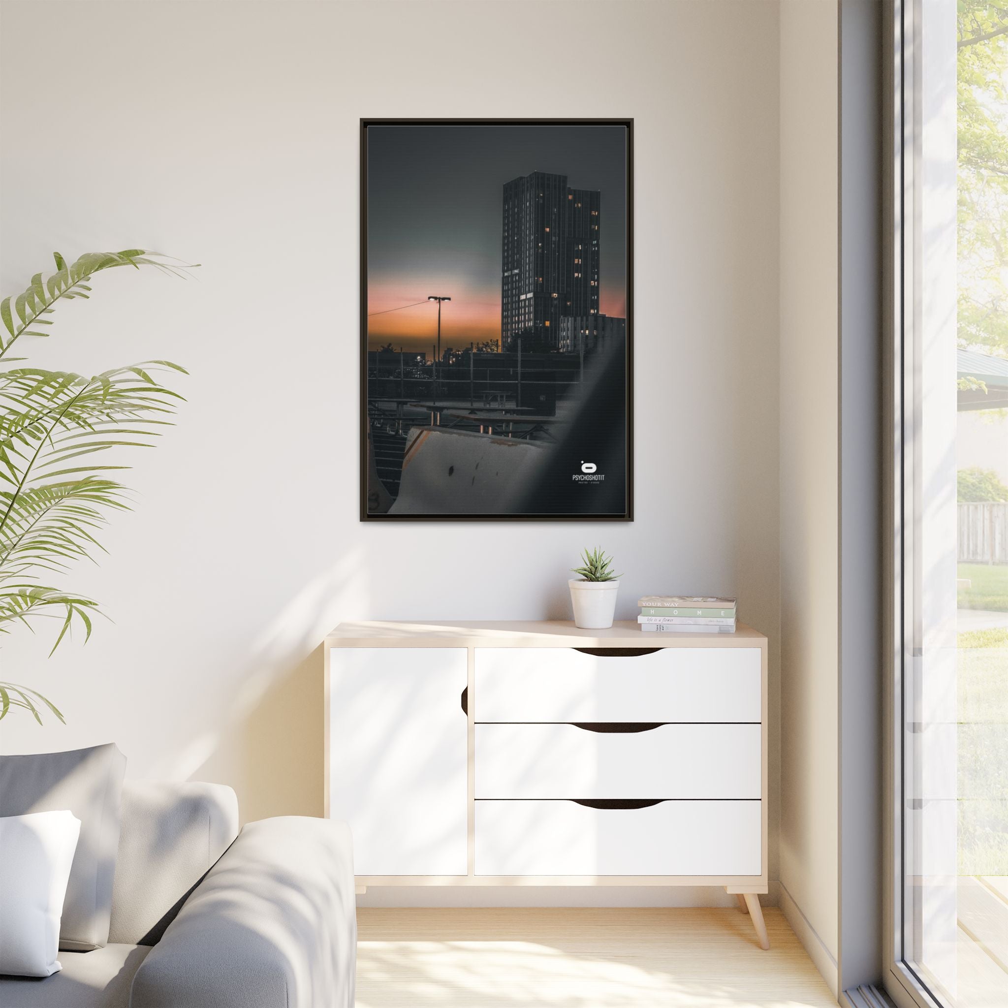 Framed Matte Canvas Print — Urban Sunset High-Rise Photography