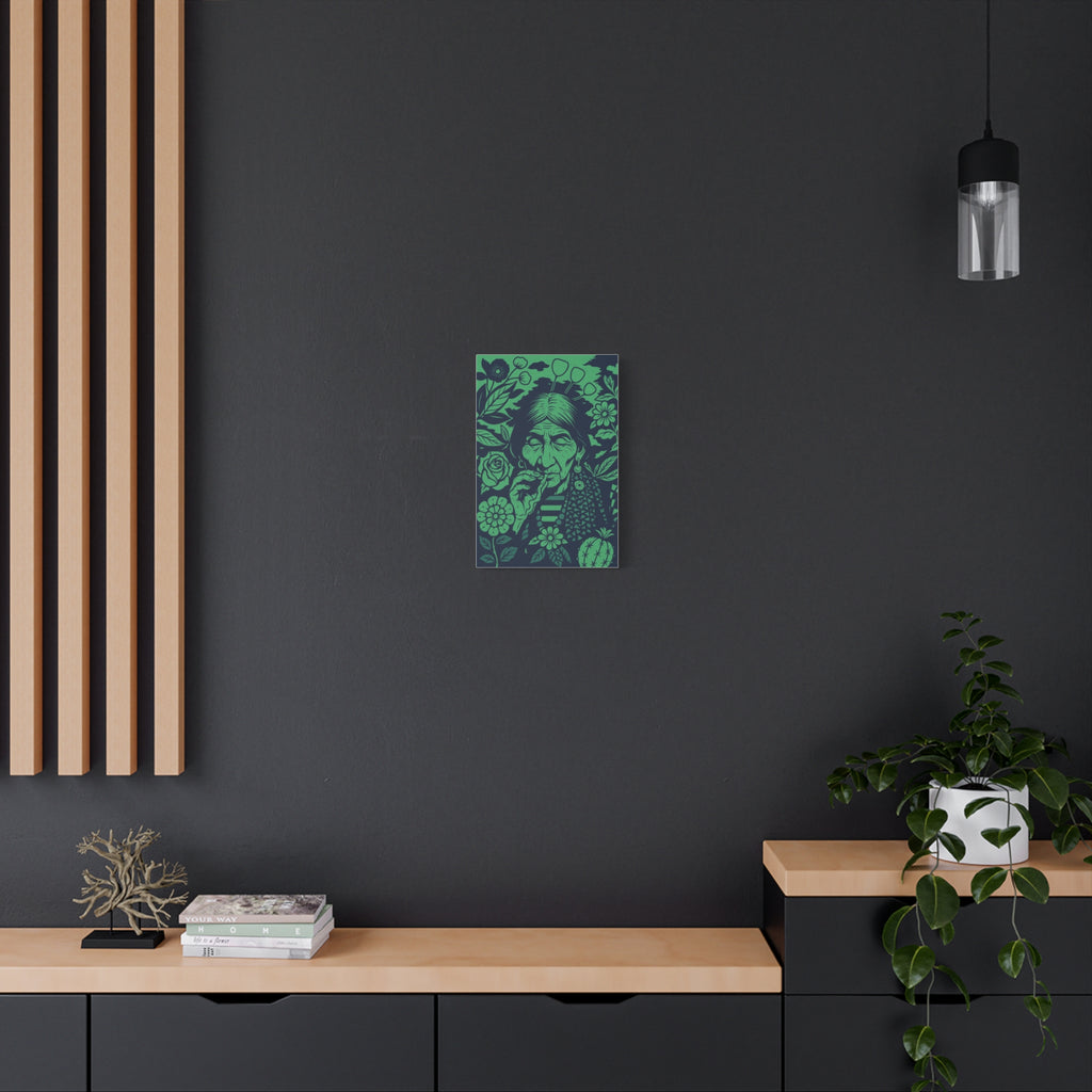Vintage Smoking Woman Art Canvas — Green Floral Stretched Wall Art