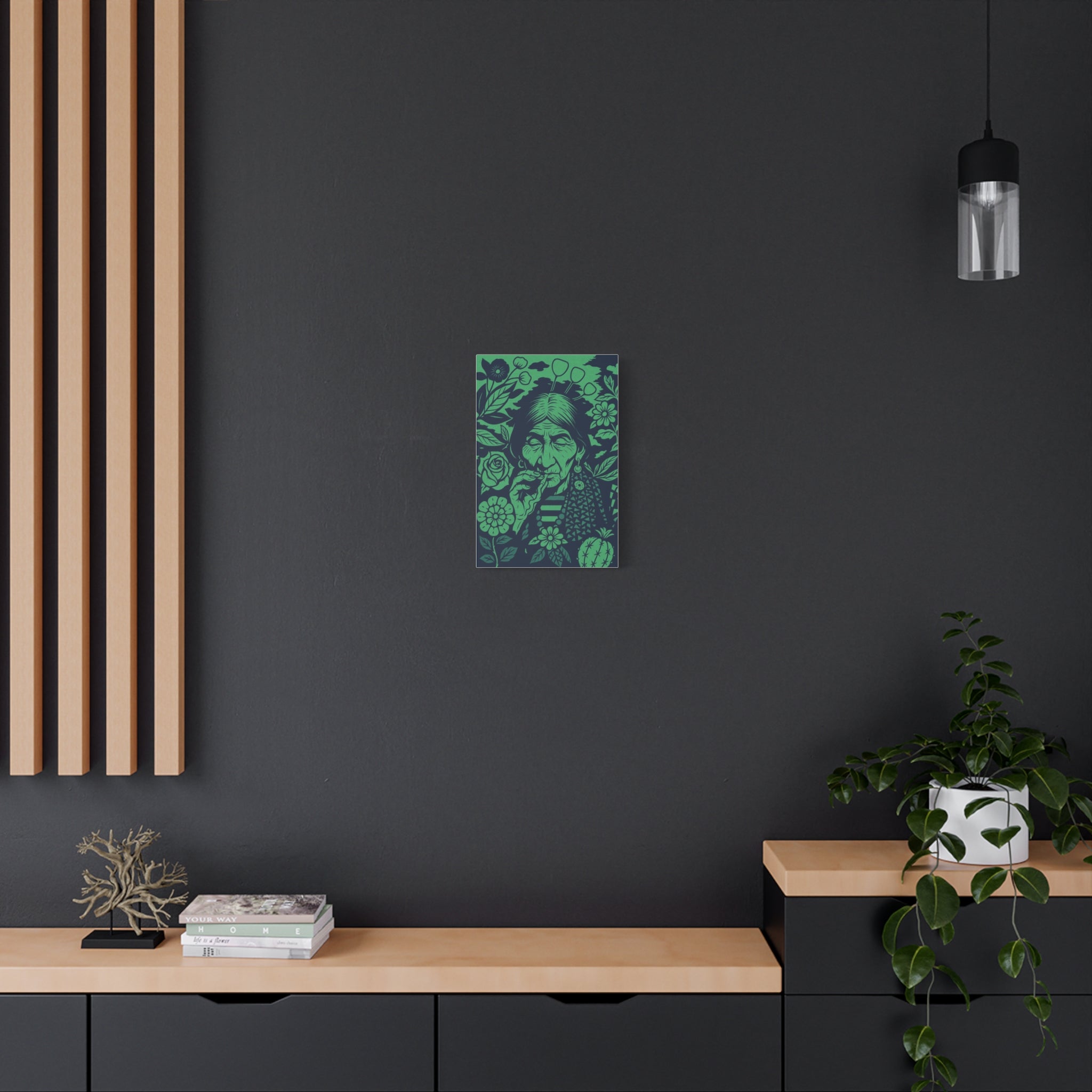 Vintage Smoking Woman Art Canvas — Green Floral Stretched Wall Art