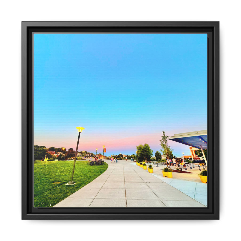 Sunset Promenade Matte Framed Canvas — Pastel Sky Walkway Wall Art