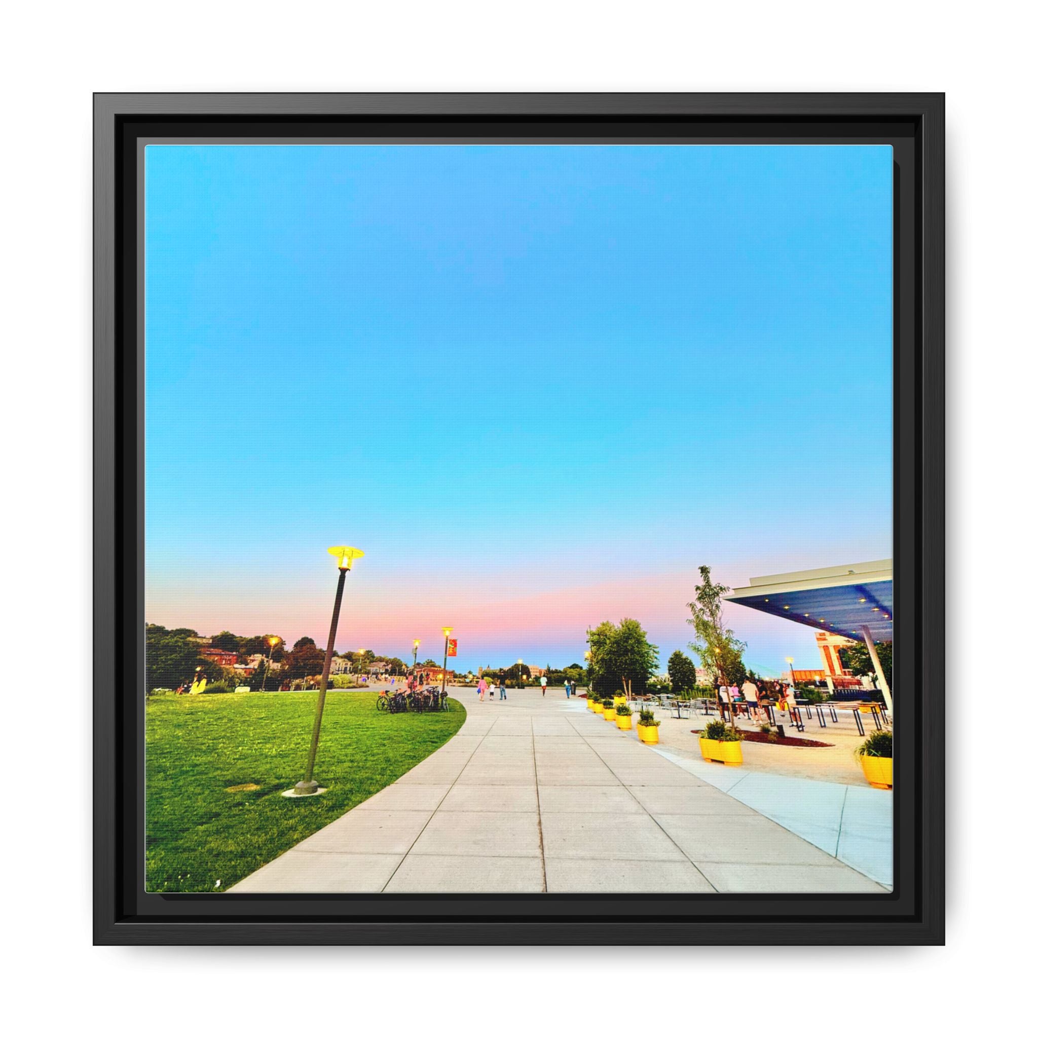 Sunset Promenade Matte Framed Canvas — Pastel Sky Walkway Wall Art