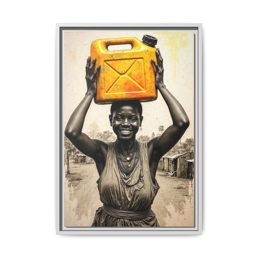 Framed Canvas Art - Joyful Woman Carrying Yellow Water Jerrycan