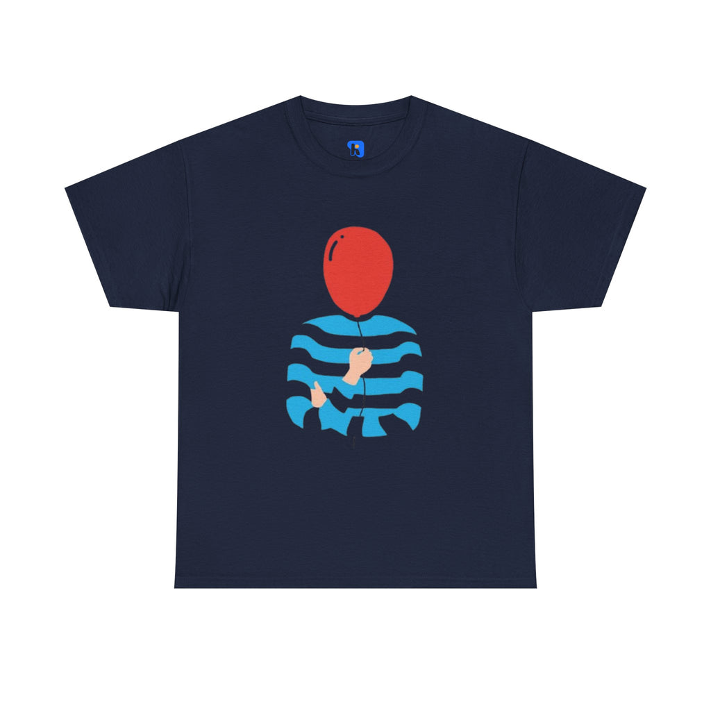 Striped Sweater Balloon Tee — Minimalist Red Balloon Graphic T-Shirt