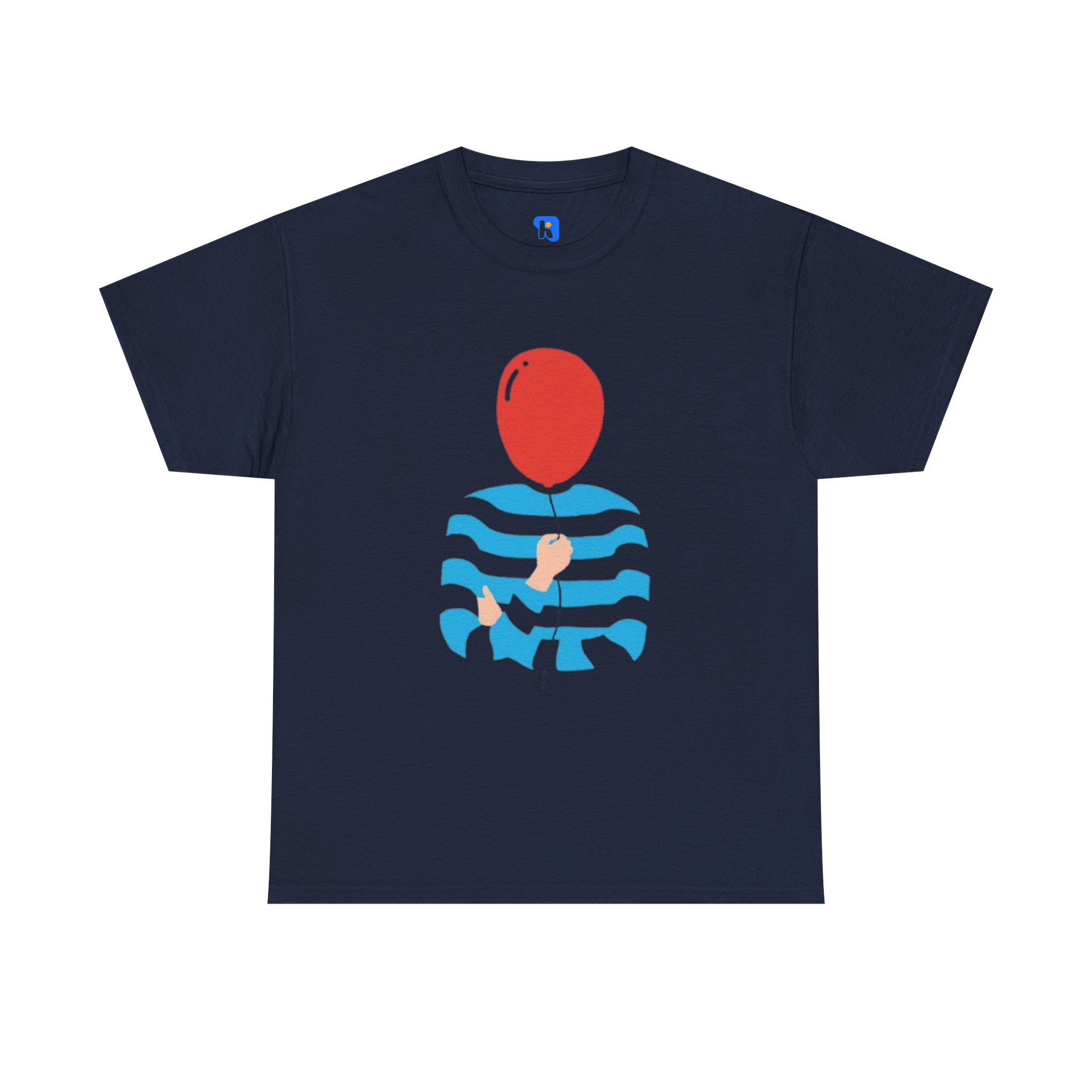 Striped Sweater Balloon Tee — Minimalist Red Balloon Graphic T-Shirt