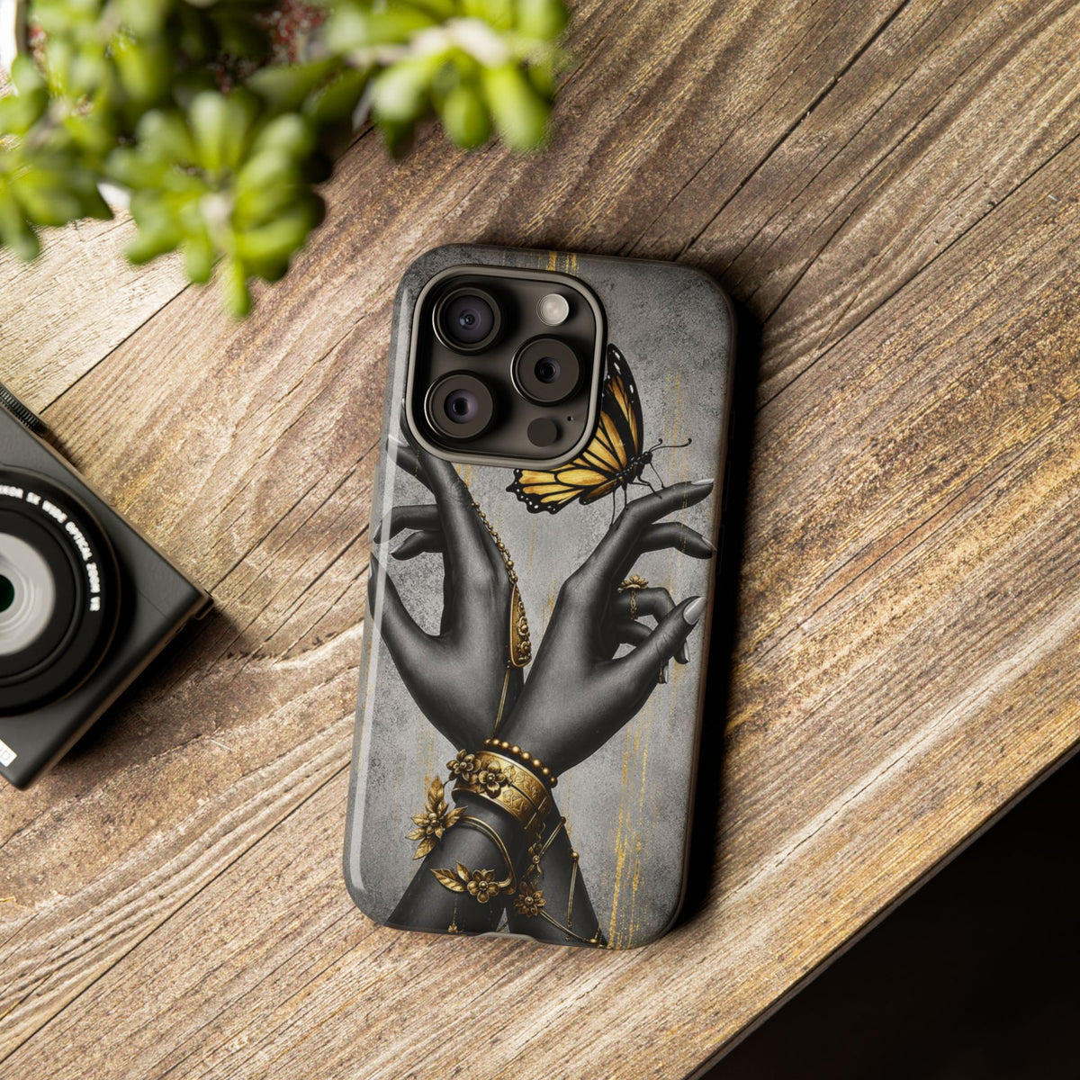 Artistic Black Hands & Golden Butterfly Phone Case – Protective Tough Case