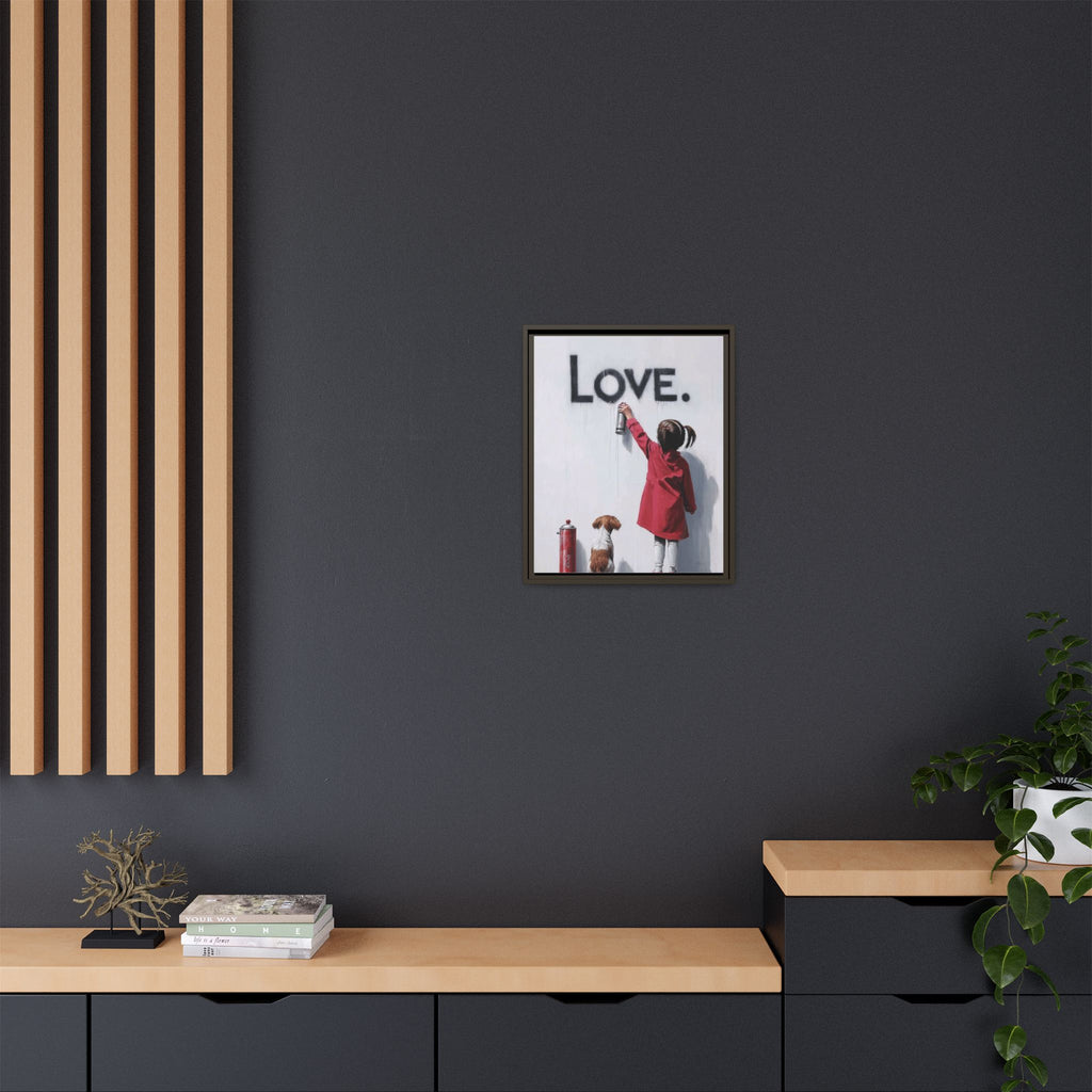 'LOVE.' Girl Spray-Painting with Dog- Framed Canvas Art