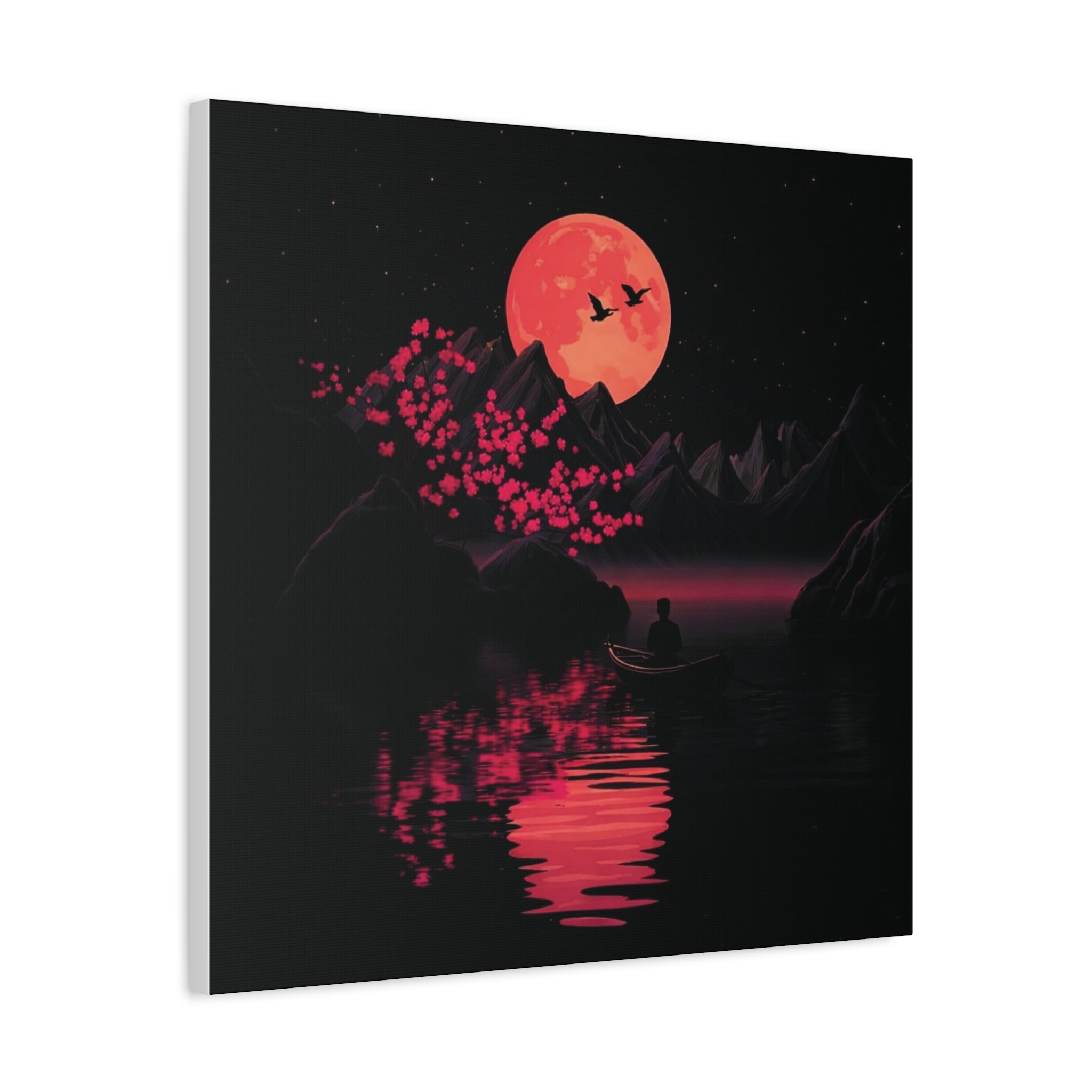 Moonlit Sakura Canvas Wall Art — Red Moon Reflection Matte Stretched Print
